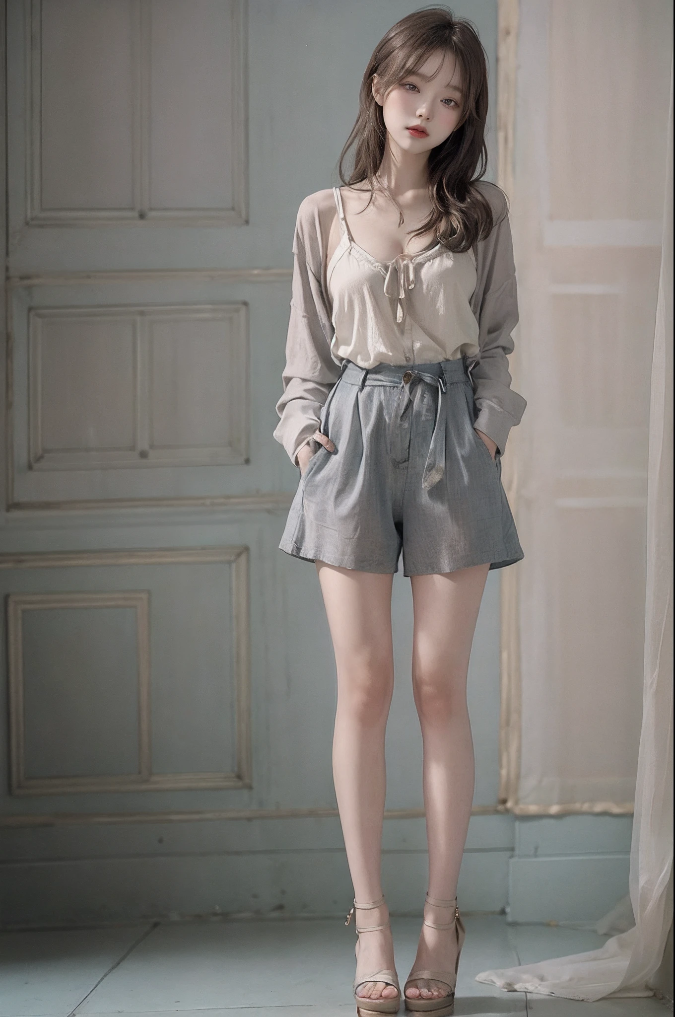 Top image quality、Raw photography、超A high resolution、An 18-year-old woman、Shooting for one person only、modelshoot、round breast、cleavage of the breast、Autumn clothes、Beautiful Eyes of Details、very elongated eyes、Beautiful eyelashes、Beautiful double eyelids、Gray walls、very slender legs、Shorthair with light brown hair、very slender physique、Very small buttocks