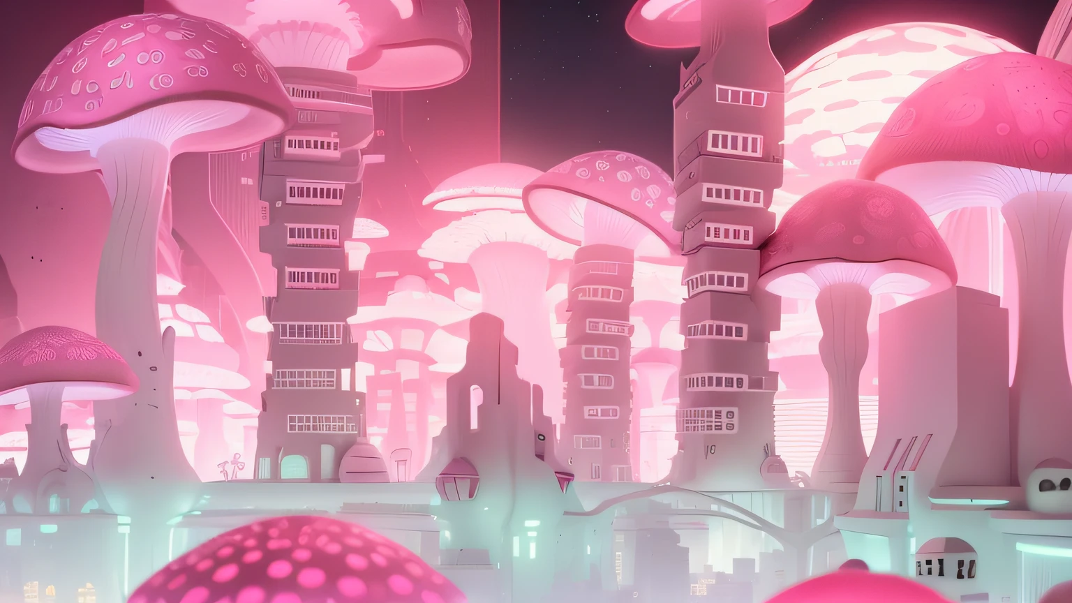 Cidade. mushroom buildings. Janelas no mushroom. mushroom Pink escuro neon. constructions.