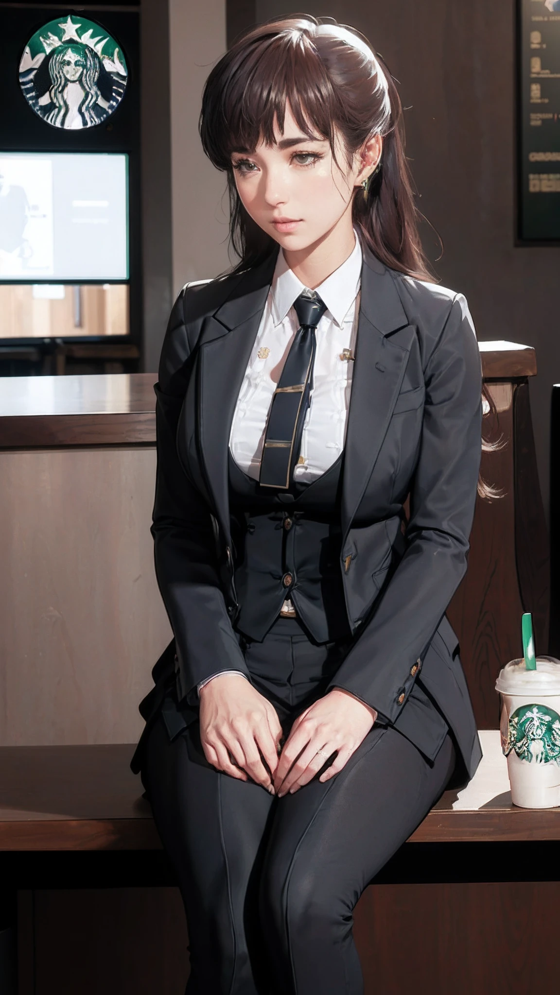 (((beautiful))), dolla, formal outfit, business suit, office working dress, huge breasts,(((shiny skin))), ((intricate details)), hdr, ((intricate details, hyperdetailed)), cinematic shot, (((sitting on cafe, enjoying starbucks))), vignette, art by alphonso mucha