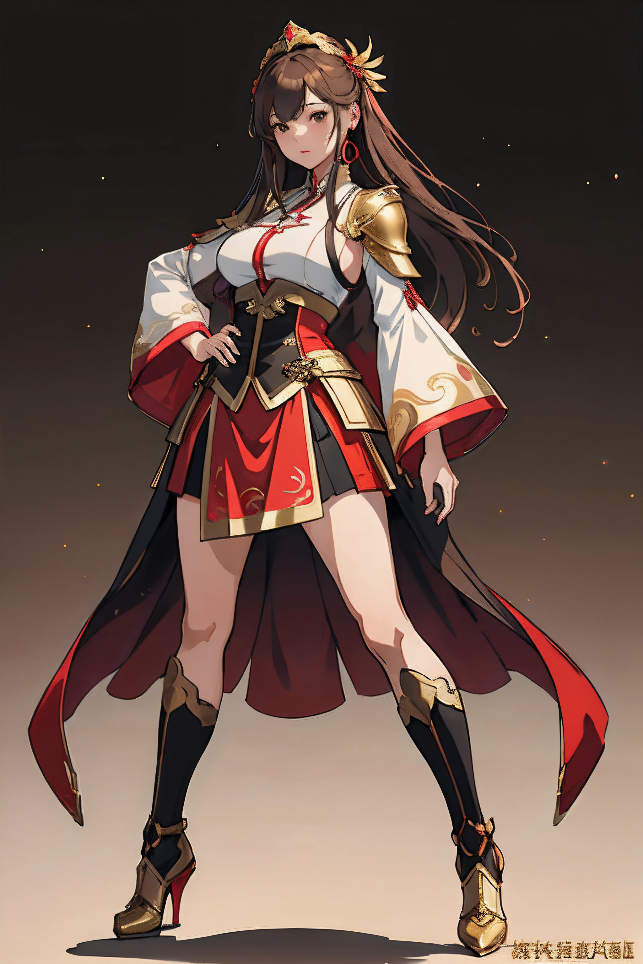 Game character design,East Asian original art character design,1个Giant Breast Girl,brown hair,long whitr hair,Golden armor,red long skirt,Multi-layered skirt,high-heels,greybackground,gradients,Portate,Gradient background,full bodyesbian,standing on your feet,looking at viewert,simple backgound