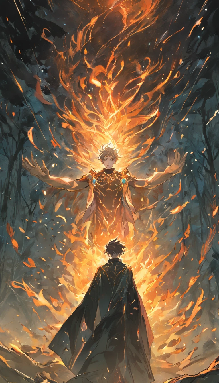 Amidst an ancient and overgrown forest, the essence of magic takes form through a young man, his hair as dark as the shadows and his eyes a radiant golden blaze. A mystical mark graces his neck, shimmering with latent power. Within a clearing, he stands engulfed in a cascading torrent of flames, the fire's heat tempered by an otherworldly energy. As the magical fire spirals and dances, it conjures a swirling dance of luminous particles, each a fragment of his ethereal aura. Arcane symbols materialize in midair, their glow casting an eerie light on his intense focus. The scene exudes a sense of ancient power and hidden knowledge, as if the woods themselves are alive with long-forgotten secrets. The mood is one of serene intensity, where the balance of nature and magic intertwine. The illustration style captures this mystical aura through detailed digital artistry, combining intricate linework with vibrant color palettes. --ar 16:9 --v 5