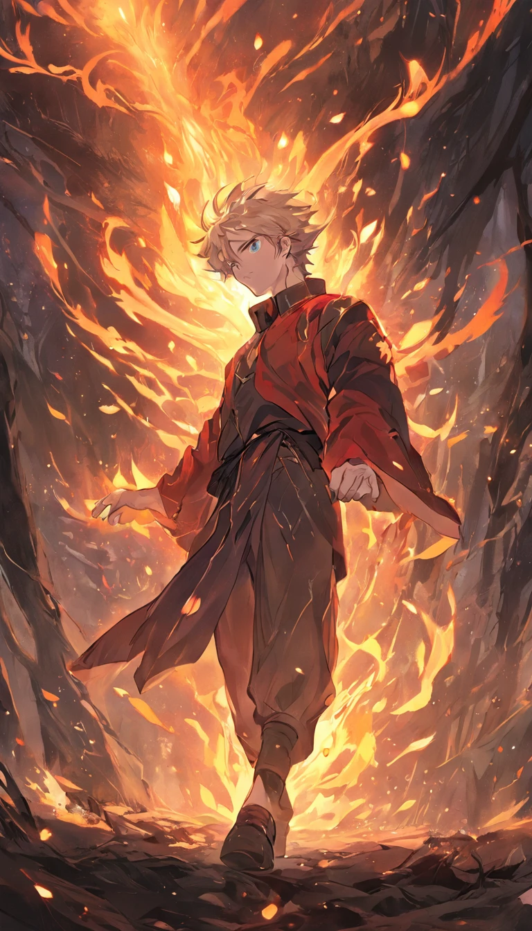 Amidst an ancient and overgrown forest, the essence of magic takes form through a young man, his hair as dark as the shadows and his eyes a radiant golden blaze. A mystical mark graces his neck, shimmering with latent power. Within a clearing, he stands engulfed in a cascading torrent of flames, the fire's heat tempered by an otherworldly energy. As the magical fire spirals and dances, it conjures a swirling dance of luminous particles, each a fragment of his ethereal aura. Arcane symbols materialize in midair, their glow casting an eerie light on his intense focus. The scene exudes a sense of ancient power and hidden knowledge, as if the woods themselves are alive with long-forgotten secrets. The mood is one of serene intensity, where the balance of nature and magic intertwine. The illustration style captures this mystical aura through detailed digital artistry, combining intricate linework with vibrant color palettes. --ar 16:9 --v 5