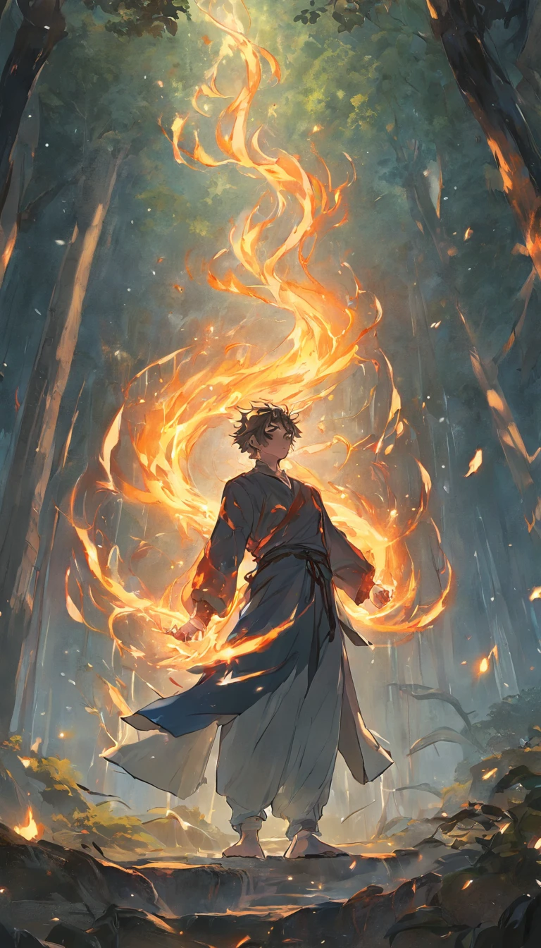 Amidst an ancient and overgrown forest, the essence of magic takes form through a young man, his hair as dark as the shadows and his eyes a radiant golden blaze. A mystical mark graces his neck, shimmering with latent power. Within a clearing, he stands engulfed in a cascading torrent of flames, the fire's heat tempered by an otherworldly energy. As the magical fire spirals and dances, it conjures a swirling dance of luminous particles, each a fragment of his ethereal aura. Arcane symbols materialize in midair, their glow casting an eerie light on his intense focus. The scene exudes a sense of ancient power and hidden knowledge, as if the woods themselves are alive with long-forgotten secrets. The mood is one of serene intensity, where the balance of nature and magic intertwine. The illustration style captures this mystical aura through detailed digital artistry, combining intricate linework with vibrant color palettes. --ar 16:9 --v 5