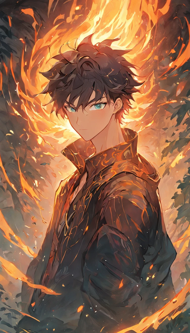 Amidst an ancient and overgrown forest, the essence of magic takes form through a young man, his hair as dark as the shadows and his eyes a radiant golden blaze. A mystical mark graces his neck, shimmering with latent power. Within a clearing, he stands engulfed in a cascading torrent of flames, the fire's heat tempered by an otherworldly energy. As the magical fire spirals and dances, it conjures a swirling dance of luminous particles, each a fragment of his ethereal aura. Arcane symbols materialize in midair, their glow casting an eerie light on his intense focus. The scene exudes a sense of ancient power and hidden knowledge, as if the woods themselves are alive with long-forgotten secrets. The mood is one of serene intensity, where the balance of nature and magic intertwine. The illustration style captures this mystical aura through detailed digital artistry, combining intricate linework with vibrant color palettes. --ar 16:9 --v 5