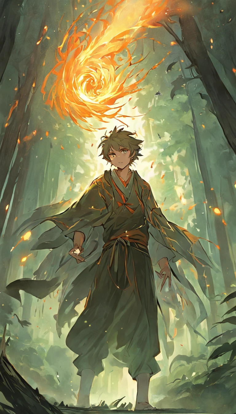 Amidst an ancient and overgrown forest, the essence of magic takes form through a young man, his hair as dark as the shadows and his eyes a radiant golden blaze. A mystical mark graces his neck, shimmering with latent power. Within a clearing, he stands engulfed in a cascading torrent of flames, the fire's heat tempered by an otherworldly energy. As the magical fire spirals and dances, it conjures a swirling dance of luminous particles, each a fragment of his ethereal aura. Arcane symbols materialize in midair, their glow casting an eerie light on his intense focus. The scene exudes a sense of ancient power and hidden knowledge, as if the woods themselves are alive with long-forgotten secrets. The mood is one of serene intensity, where the balance of nature and magic intertwine. The illustration style captures this mystical aura through detailed digital artistry, combining intricate linework with vibrant color palettes. --ar 16:9 --v 5
