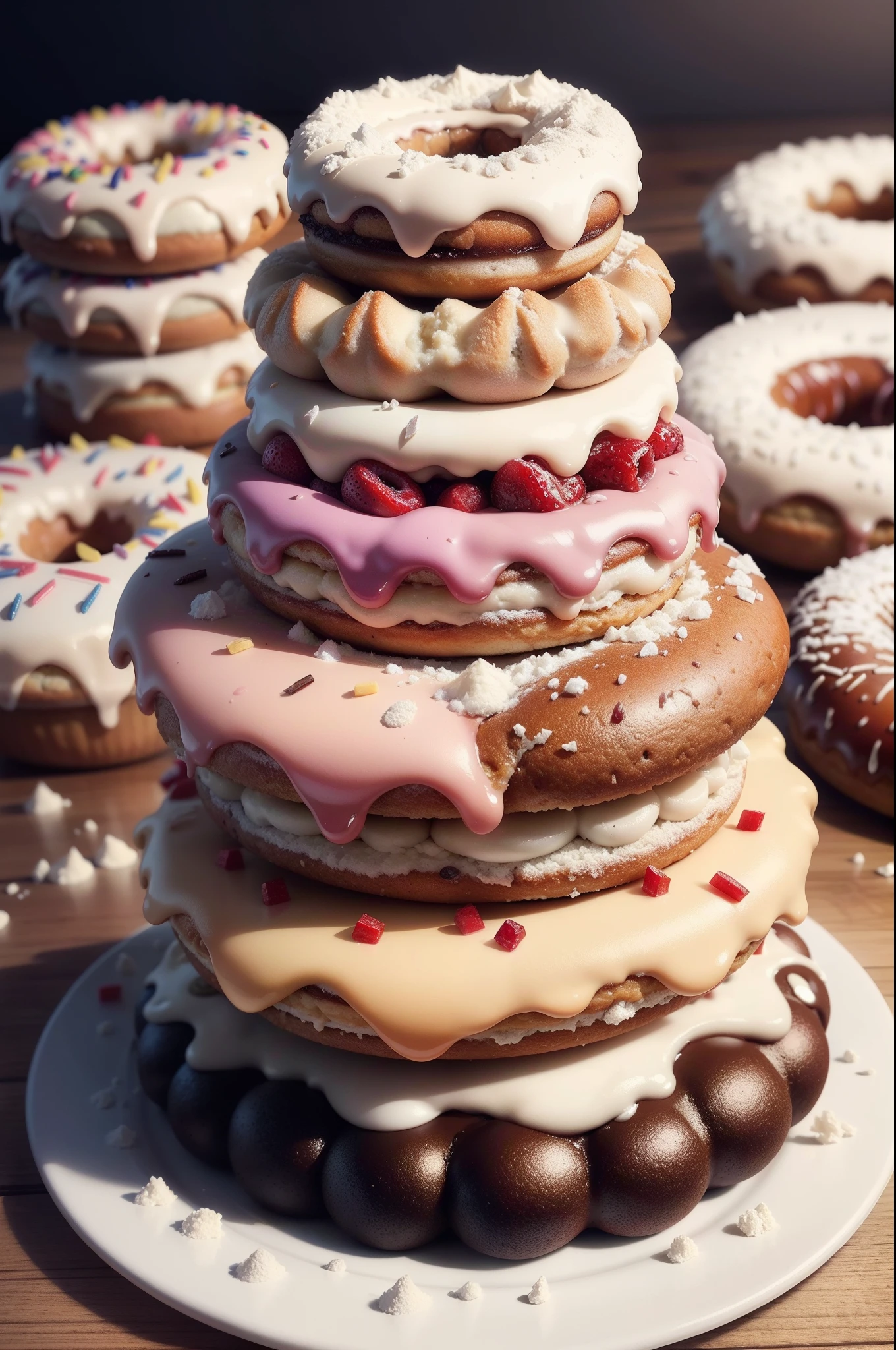 "RAW photo, best,masterpiece, best quality, high quality, extremely detailed,mouth-watering, irresistible sweet donuts with delectable toppings"