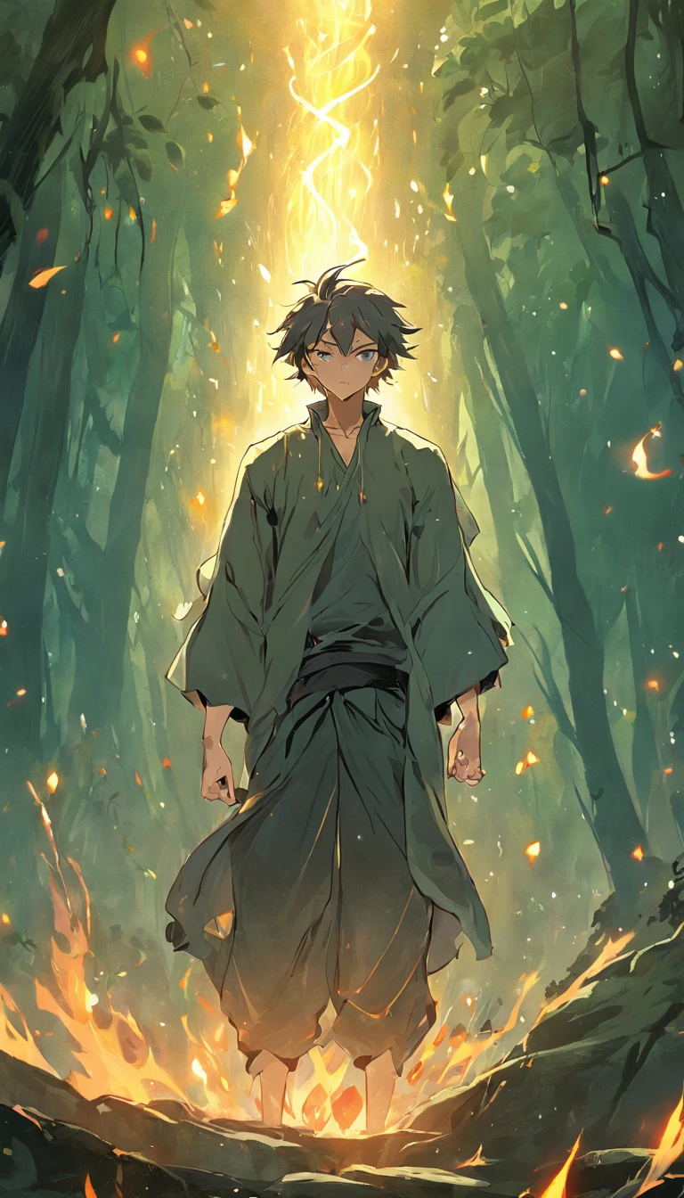 Amidst an ancient and overgrown forest, the essence of magic takes form through a young man, his hair as dark as the shadows and his eyes a radiant golden blaze. A mystical mark graces his neck, shimmering with latent power. Within a clearing, he stands engulfed in a cascading torrent of flames, the fire's heat tempered by an otherworldly energy. As the magical fire spirals and dances, it conjures a swirling dance of luminous particles, each a fragment of his ethereal aura. Arcane symbols materialize in midair, their glow casting an eerie light on his intense focus. The scene exudes a sense of ancient power and hidden knowledge, as if the woods themselves are alive with long-forgotten secrets. The mood is one of serene intensity, where the balance of nature and magic intertwine. The illustration style captures this mystical aura through detailed digital artistry, combining intricate linework with vibrant color palettes. --ar 16:9 --v 5