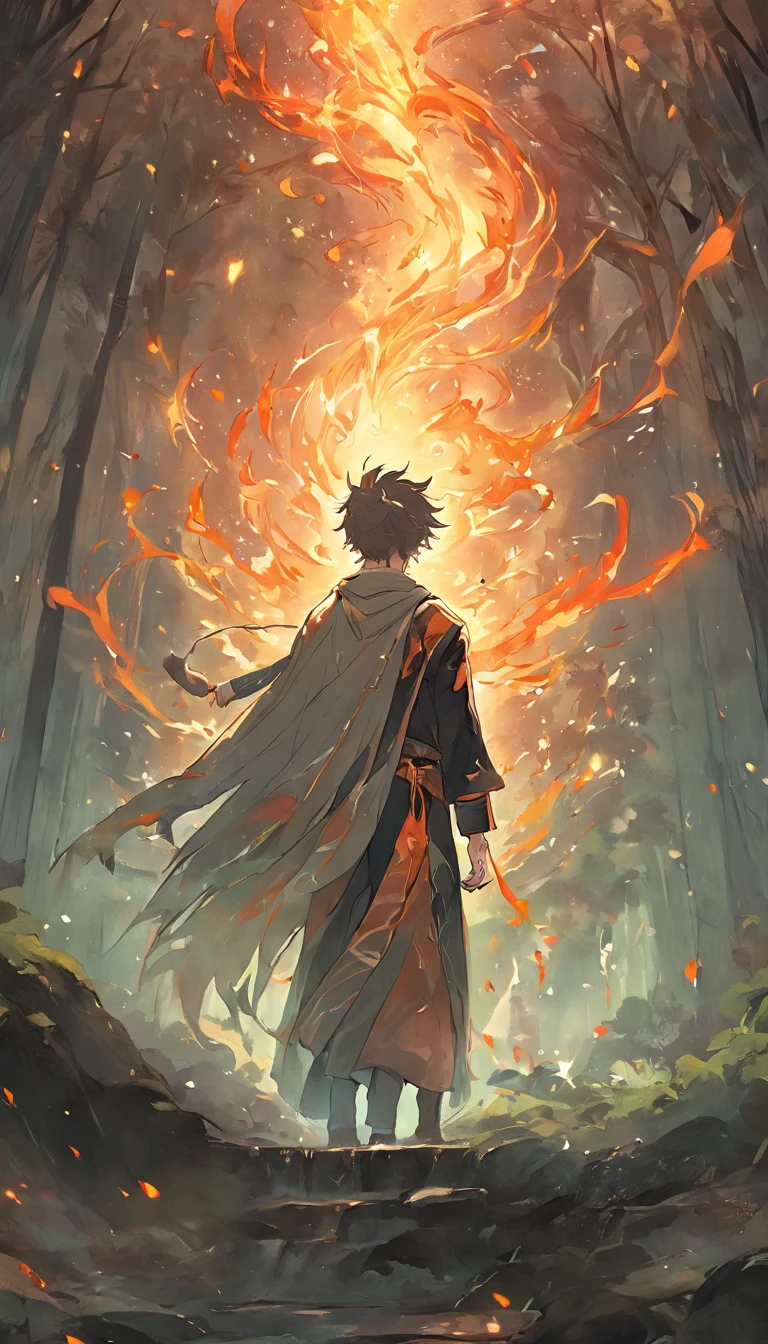 Amidst an ancient and overgrown forest, the essence of magic takes form through a young man, his hair as dark as the shadows and his eyes a radiant golden blaze. A mystical mark graces his neck, shimmering with latent power. Within a clearing, he stands engulfed in a cascading torrent of flames, the fire's heat tempered by an otherworldly energy. As the magical fire spirals and dances, it conjures a swirling dance of luminous particles, each a fragment of his ethereal aura. Arcane symbols materialize in midair, their glow casting an eerie light on his intense focus. The scene exudes a sense of ancient power and hidden knowledge, as if the woods themselves are alive with long-forgotten secrets. The mood is one of serene intensity, where the balance of nature and magic intertwine. The illustration style captures this mystical aura through detailed digital artistry, combining intricate linework with vibrant color palettes. --ar 16:9 --v 5