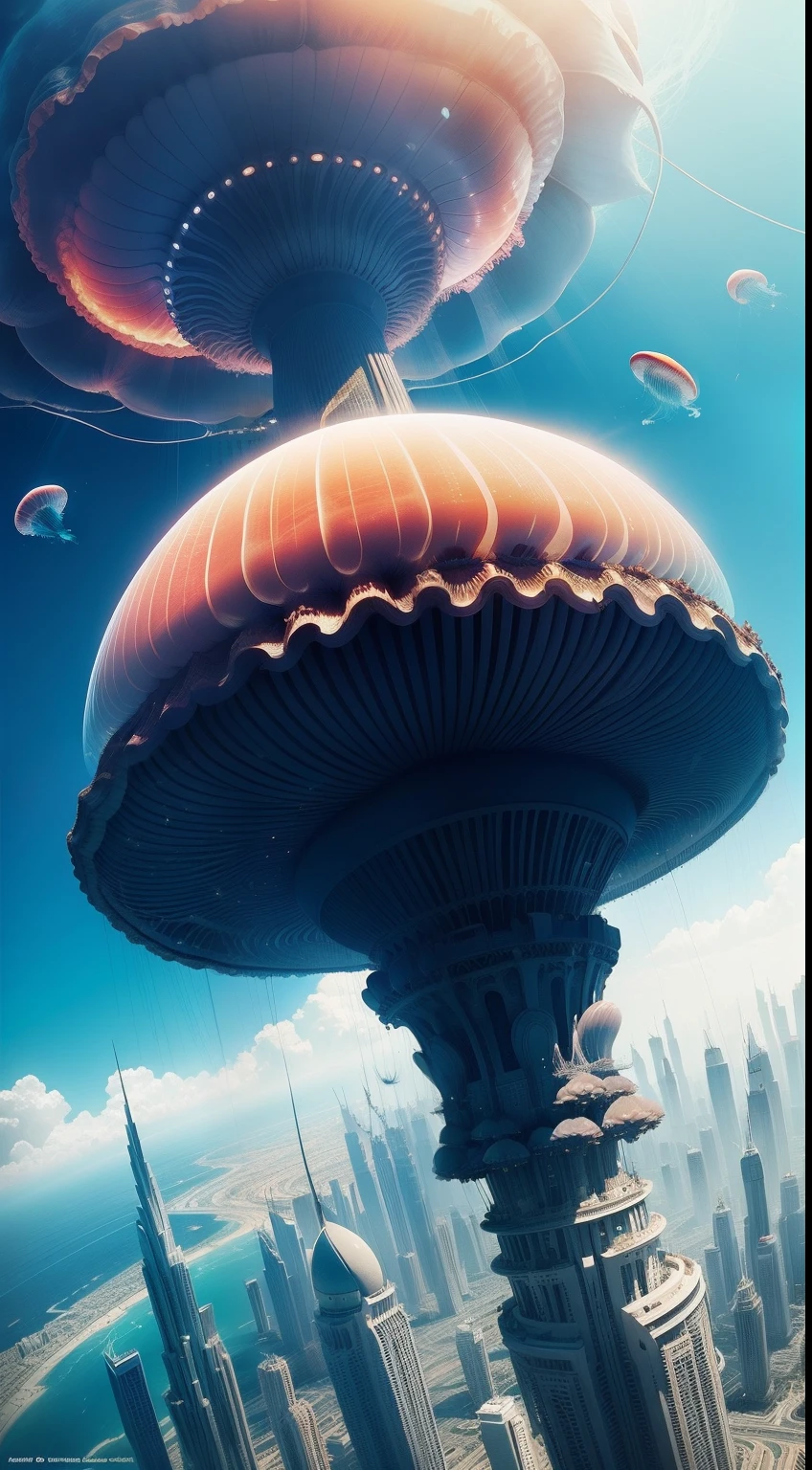 Giant jellyfish fly through the sky of Dubai city