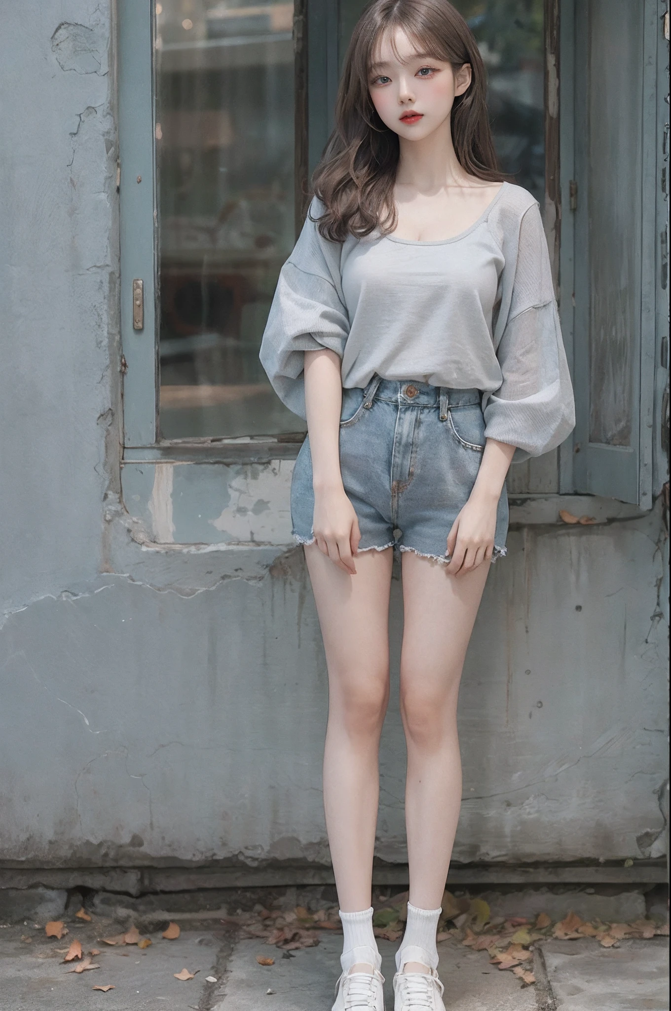 Top image quality、Raw photography、超A high resolution、An 18-year-old woman、Shooting for one person only、modelshoot、round breast、cleavage of the breast、Autumn clothes、Beautiful Eyes of Details、very elongated eyes、Beautiful eyelashes、Beautiful double eyelids、Gray walls、very slender legs、Shorthair with light brown hair、very slender physique、Very small buttocks