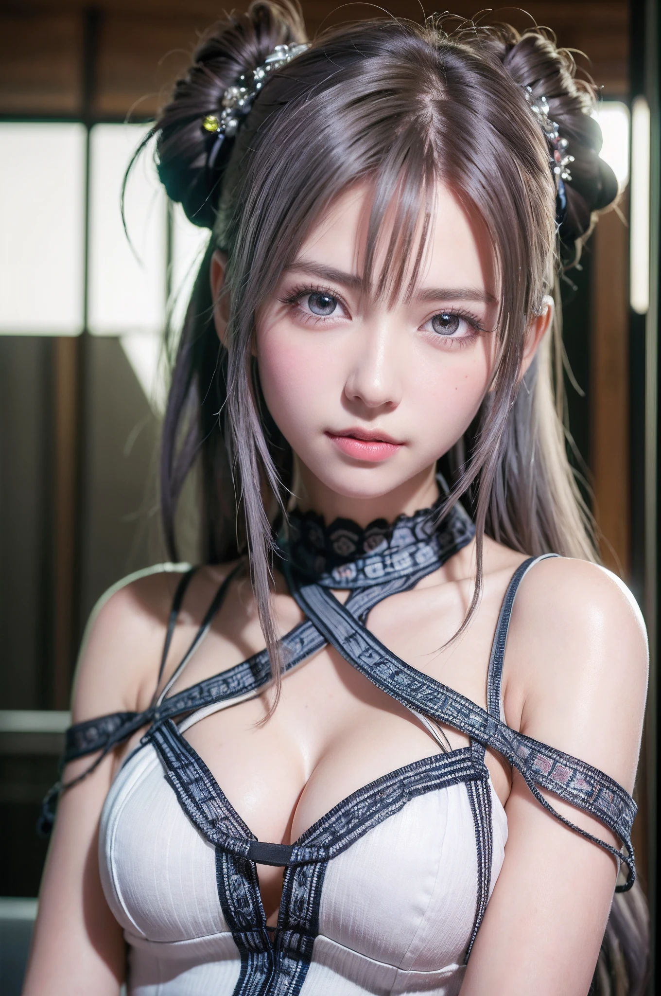top-quality、8K Masterpiece、超A high resolution、(Photorealsitic:1.3)、Raw photo、女の子1人、silver white hair、poneyTail、glowy skin、1 super beautiful college girl、((super realistic details))、portlate、globalillumination、Shadow、octan render、8K、ultrasharp、highly intricate detail、Realistic light、CGSoation Trends、Beautiful eyes、radiant eyes、Facing the camera、