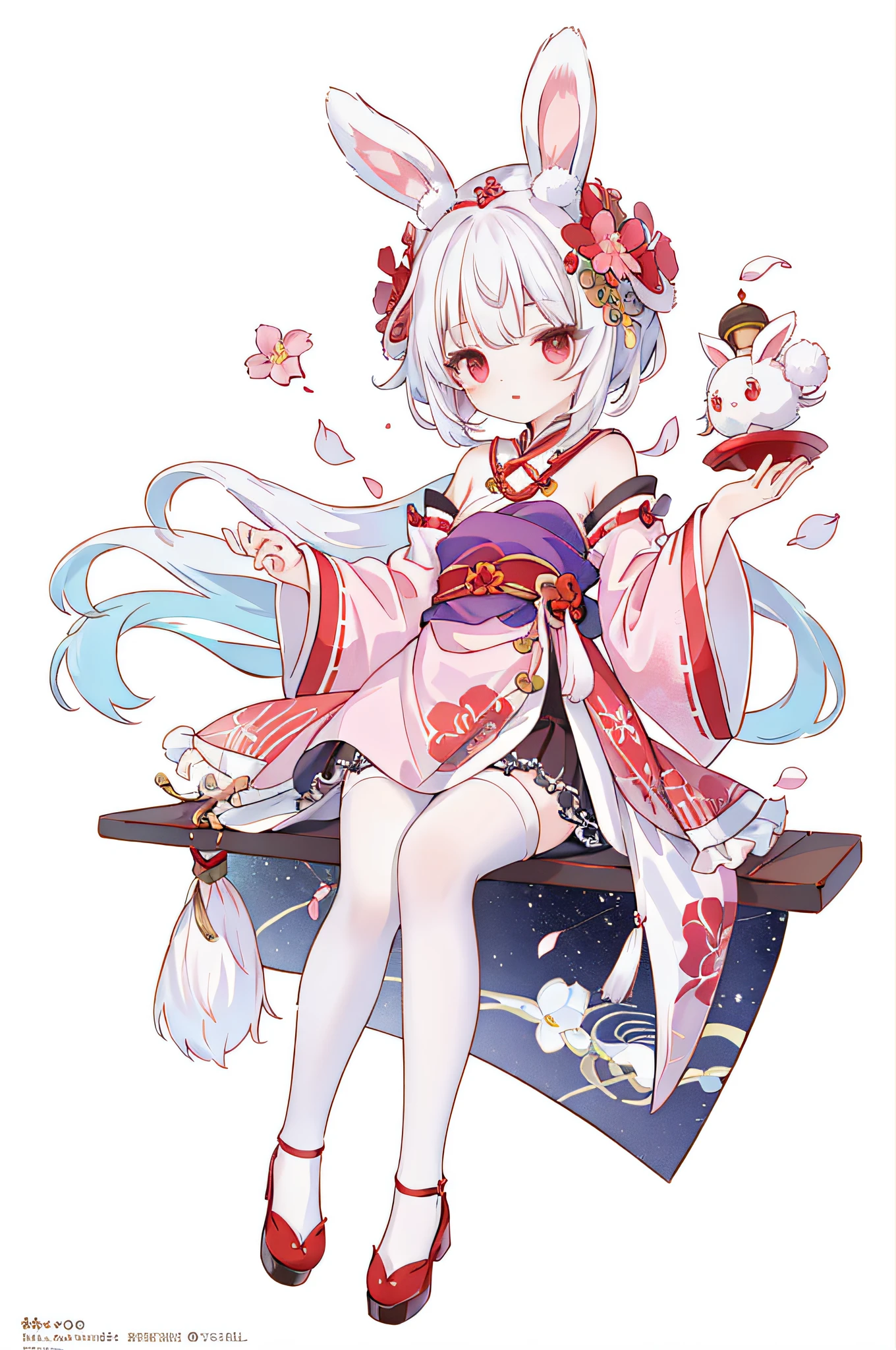 （tmasterpiece，best qualtiy：1.2），illustratio，absurderes，A high resolution，The is very detailed，1 petite girl，with short white hair，bunny ears，red eyes，eyes highlights，Hanfu，shift dresses，Short fluffy sleeves，frilld，exteriors，blossoms，Fluttering petals，The upper part of the body，（themoon：1.2），the night，depth of fields，（:d：0.8），