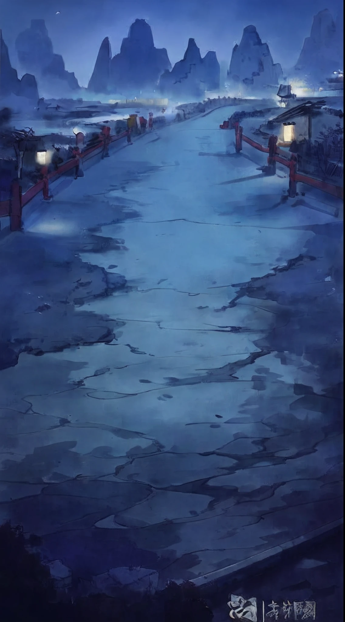 Chinese-style scene,ink wash style,Night pavement,Stone pavement