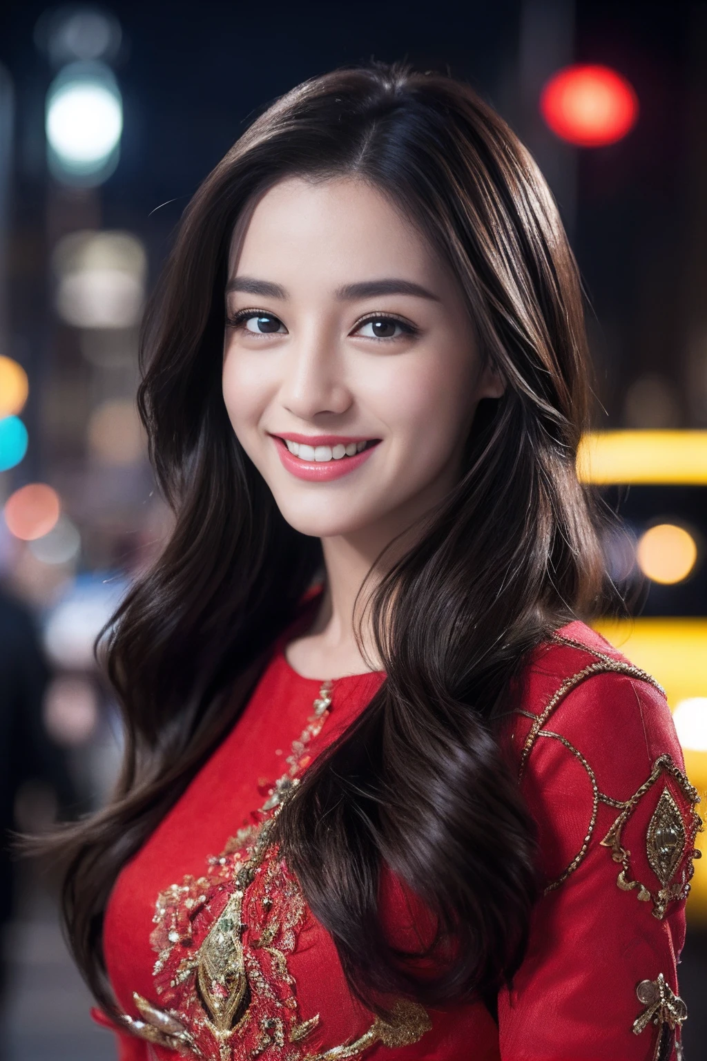 ((top-quality、8K、masterpiece:1.3))、1girl in、A smile、full body Esbian、Slim Faces、Pretty women、(dark brown hair)、Full-length dresses:1.1、hyperdetailed face、A detailed eye、二重まぶた、blured background、Slim Faces、manhattan, New York、takeout、a street、
