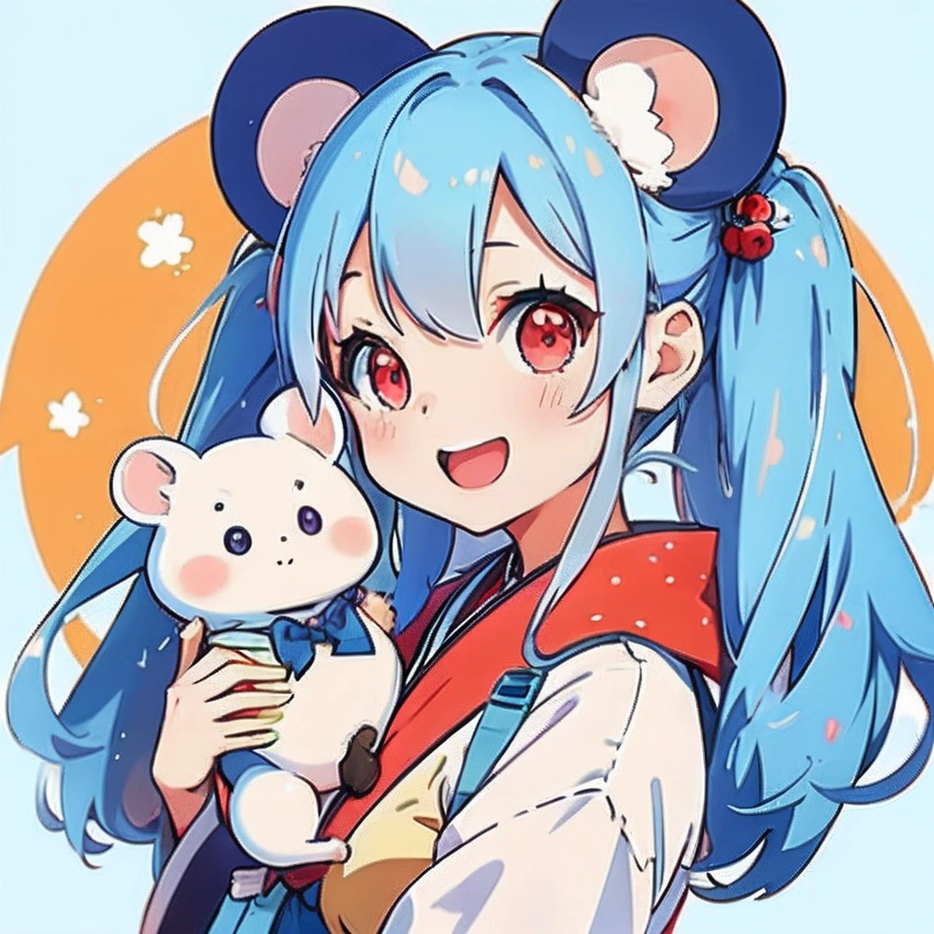 Anime girl with light blue hair, girl with１a person、（personification）、straight haired、Red hair ornament、Anime girl with round ears of a mouse, Anime visuals of cute girls, （Wearing a red kimono）（large ears that are round and white,,,,）（I have a pet rat next to me）portlate、Outer space background、（A big smile）