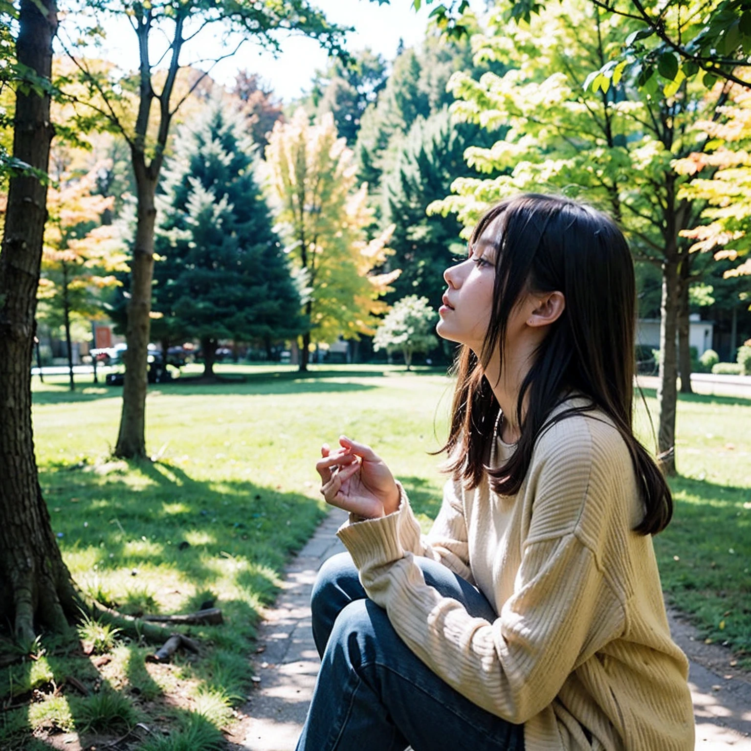 People surrounded by nature々, In moments of contemplation and gratitude.,full bodyesbian,Looks small,autumnal,Casual clothing