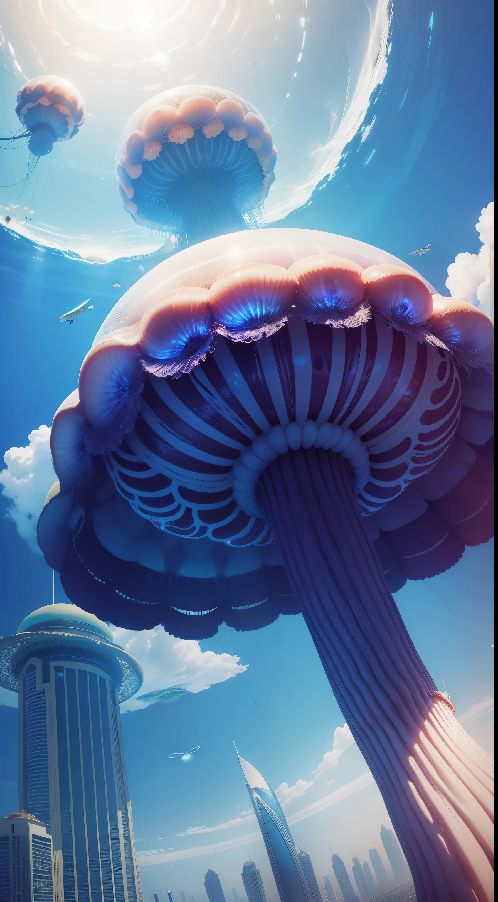Giant jellyfish fly through the sky of Dubai city