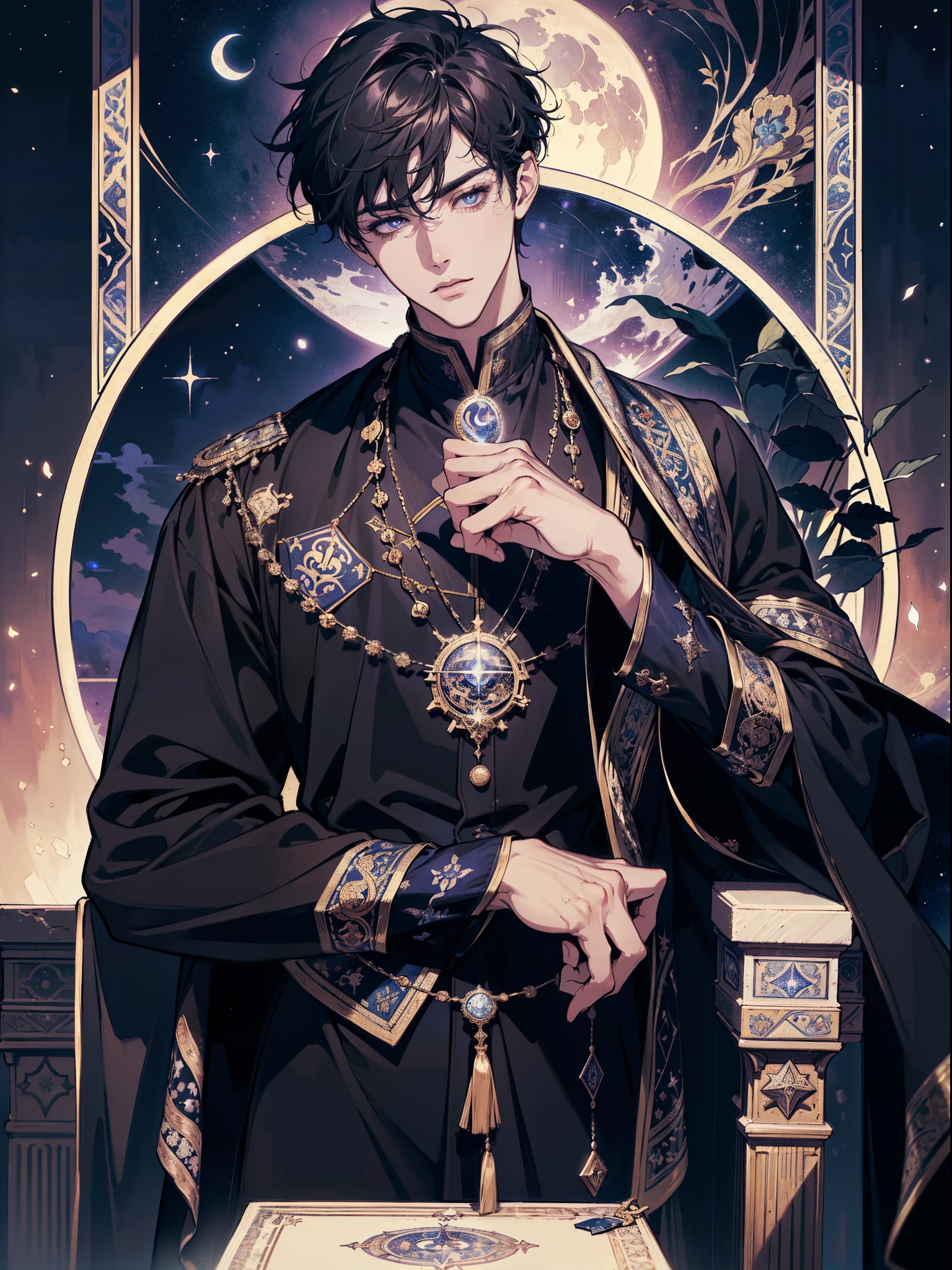 (absurdres, highres, ultra detailed), 1 male, adult, handsome, finely detailed eyes and detailed face, night sky, the moon \tarot\, Symbolism, Visual art, Occult, Universal, Vision casting, Philosophical, Iconography, Numerology, Popularity, Artistic, Alphone Mucha, short hair,