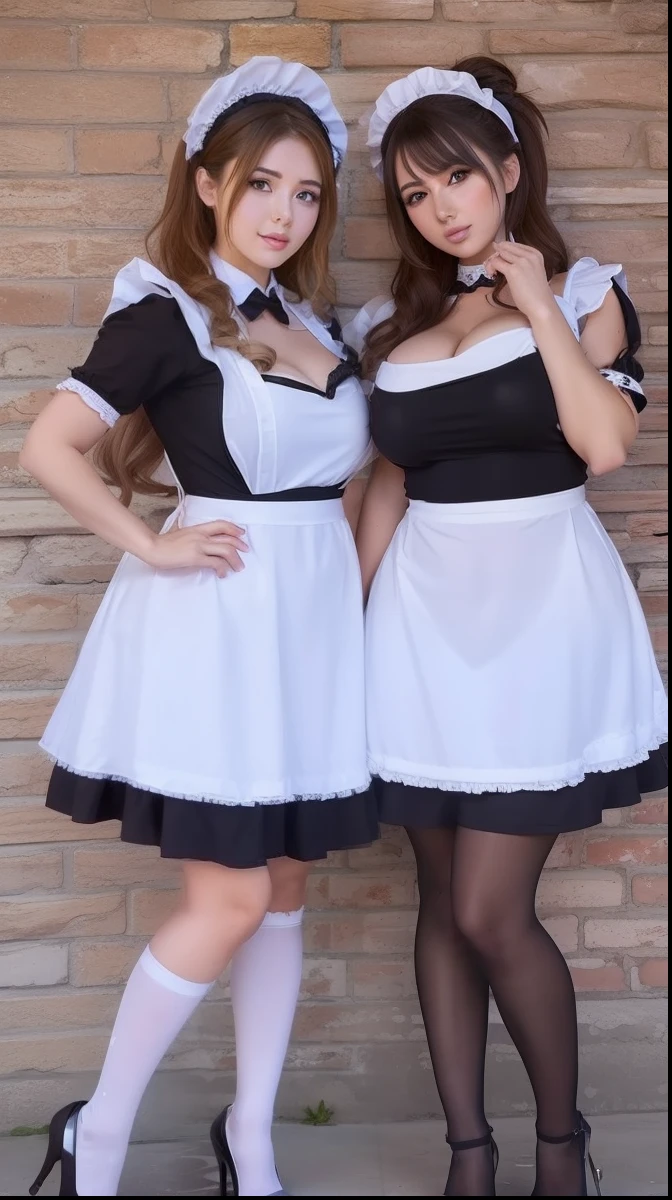 two cute buxom curvy women in maid uniforms and high heeled stilettos standing next to a brick wall, wearing maid uniform, gigantic boobs maid! dress, maid dress, maid outfit, japanese maid cafe, maid costume, , anime girl in a maid costume, lolityle, maid, french maid, white and black, two girls, Anastasia Kvitko and Lucy Pinder, cosplay
