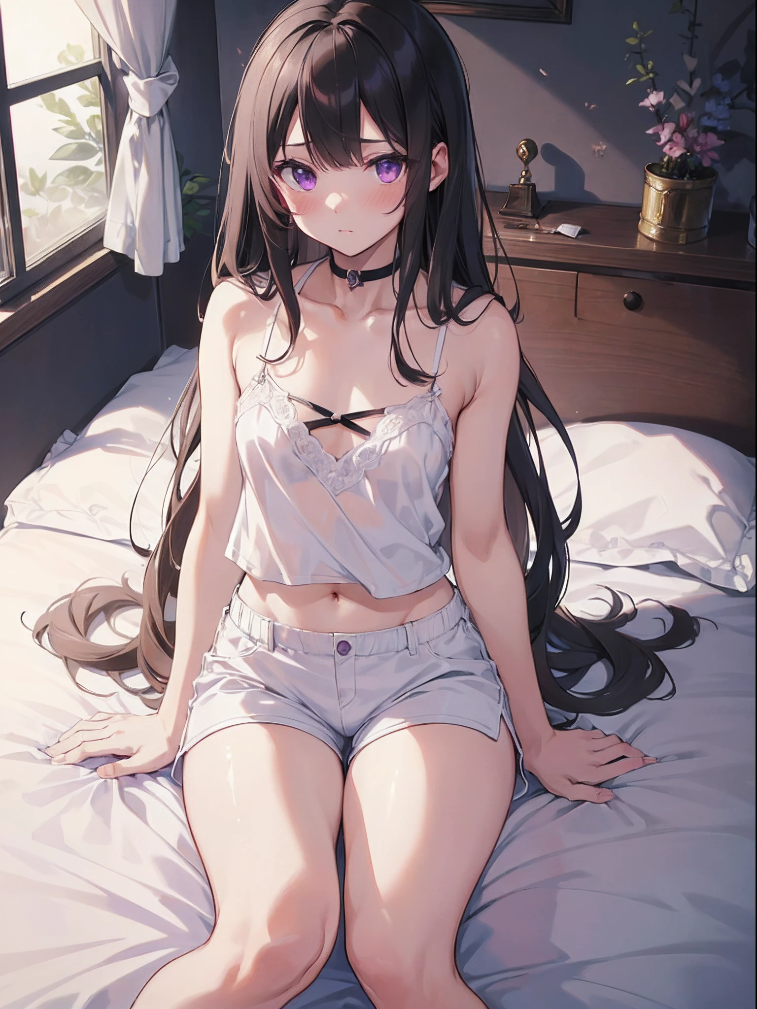 absurderes,(masterpiece、top-quality、8K ),intricate detailes,ultra-detailliert、1 down, (trap ,Otokonoko, Tom Girl:1.2), Solo, Male Focus, Very long hair, Cute anime face, Indoor, ( flat chest, Bulge:1.2),mid-riff peak,((blush)), Black hair, Purple eyes, (White camisole、shortpants:1.3),(sitting on a bed:1.4),Hyper realistic,Perfect Anatomy