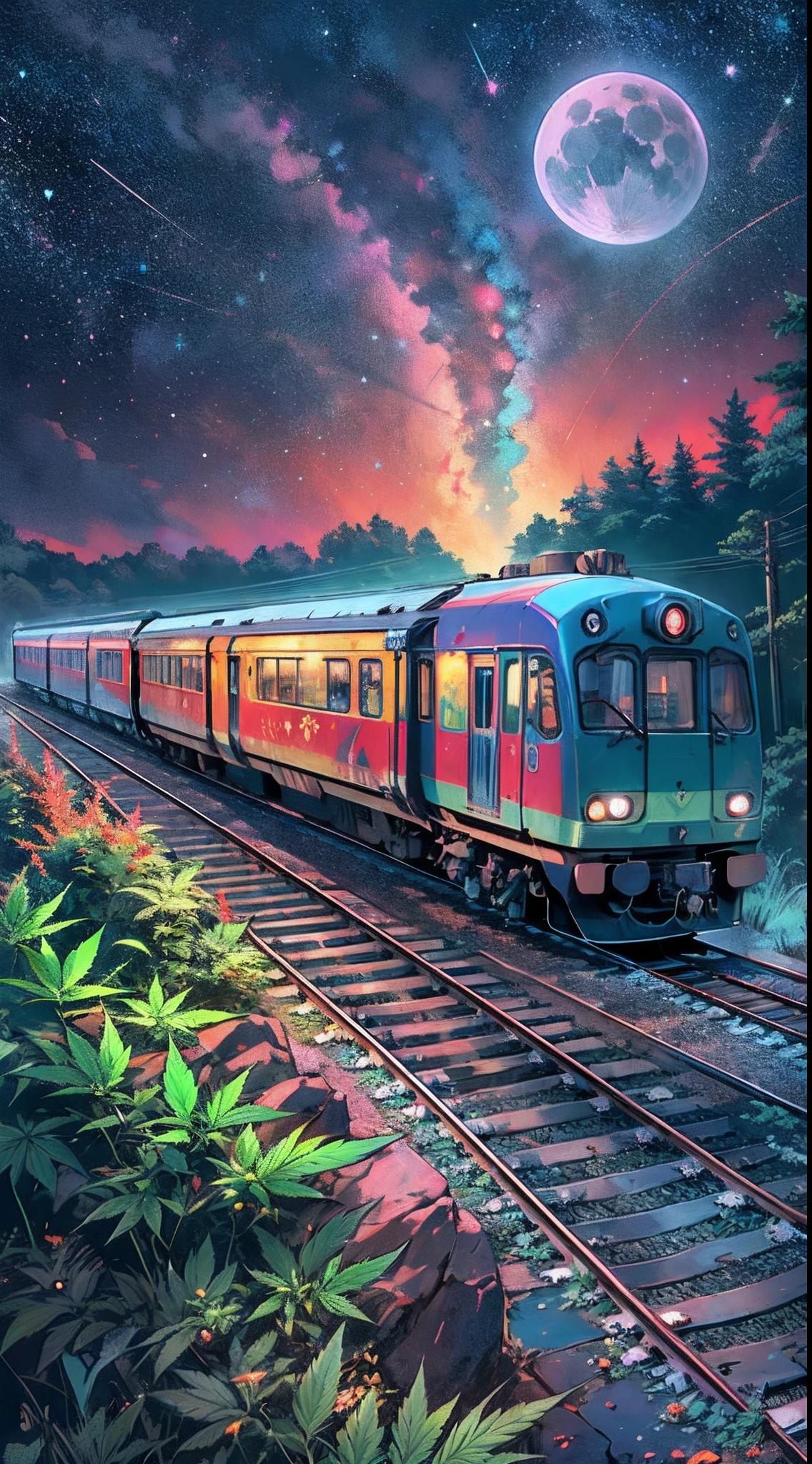 A steep chic train on a wet road. ,neon lights, neon galaxies, huge crystal moon, starry sky,,happy, peaceful, , in love Hemp, leaf,marijuana,cannabis,((illustration)), colorful, wallpaper, energy, secret, magical environment, omniscience, prediction of the future, understanding the past, frost magic, --v 6