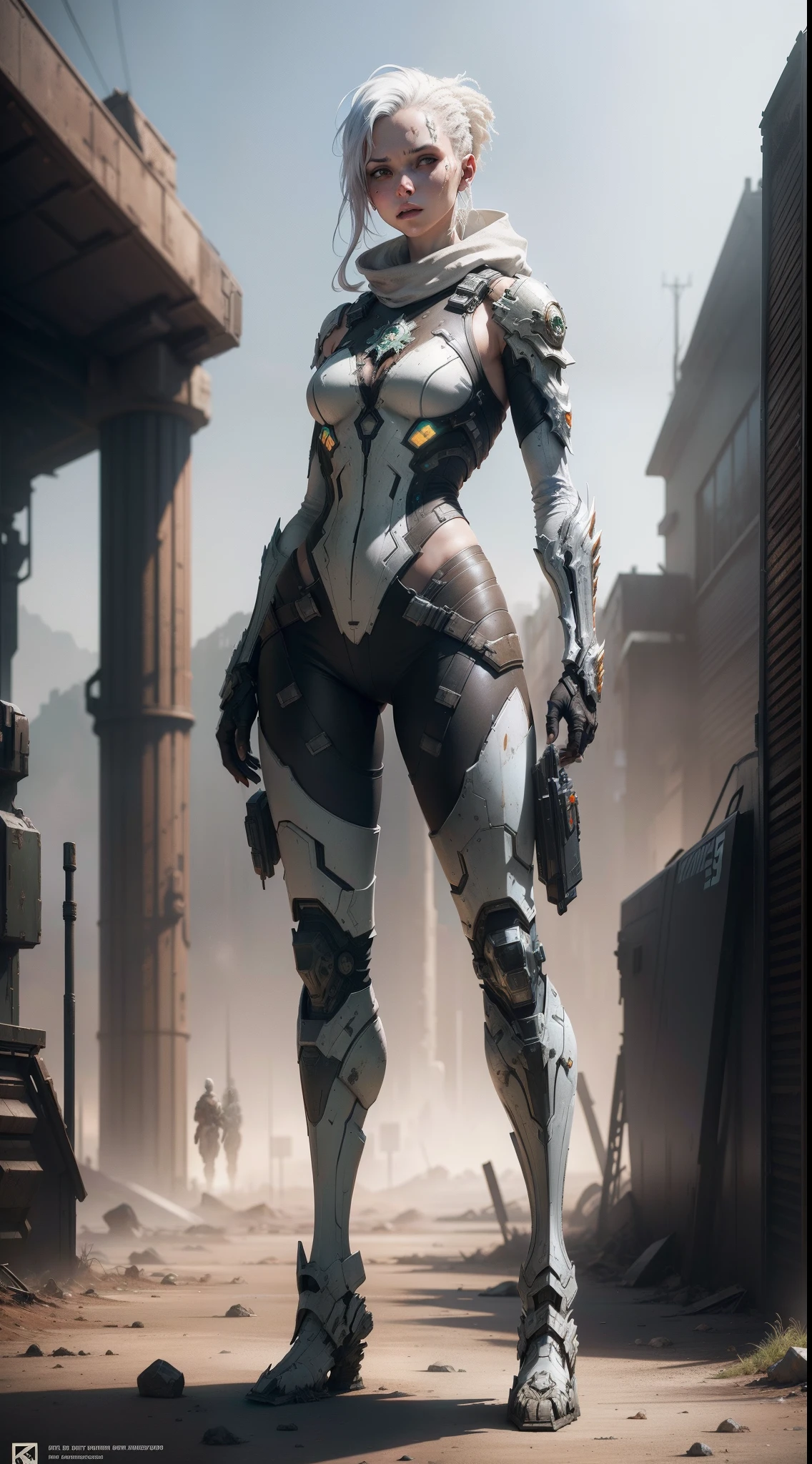Full body concept characters post-apocalyptic warframe mech Tebash albino women Greg Rutkowski and Norman Rockwell and Alphonse Mucha Octane render masterpieces, trending on artstationh, behans, CGSesociety, Extremely detailed, Amazing, Beautiful, Rainbow colors, High definition, World renowned, PS5