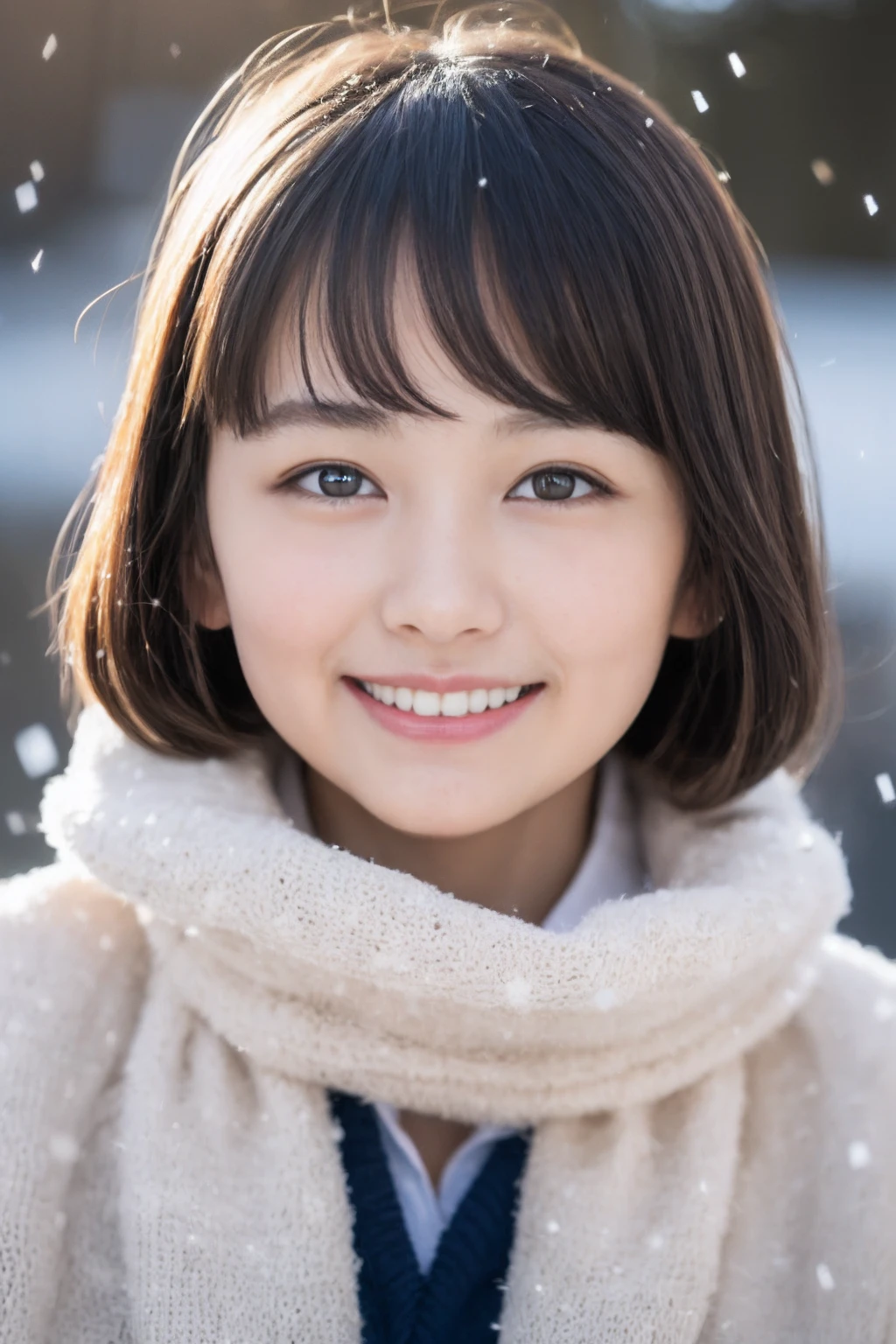((Show face only、Close-up of face))、(realisitic、Photorealsitic、ultra-detailliert、Highest Details Skins、top-quality、masterpiece、超A high resolution)、Cute Japan Woman、、hi-school girl、younggirl、Thin makeup、1 girl in、I have bangs、二重まぶた、drooing eyes、Large black eyes、Japanese style face、ssmile、Charming、purity、Cute smile、double tooth、View here、Realistic skin type、Thick muffler、Grey muffler、fluffy hair、Red cheeks、The wind is blowing、It's snowing、illuminations、Lighting from behind