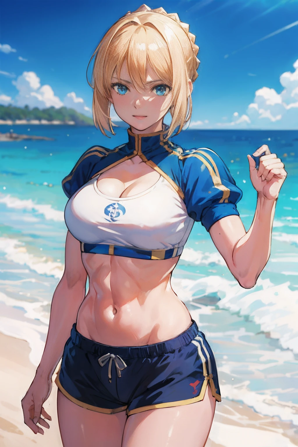 (masterpiece:1.4), (best quality:1.4), realistic, 1girl, artoria pendragon \(fate\) , (short shorts), (sports bra), (beach), (cleavage), (crop top), (abs:0.2), (smiling:0.4)