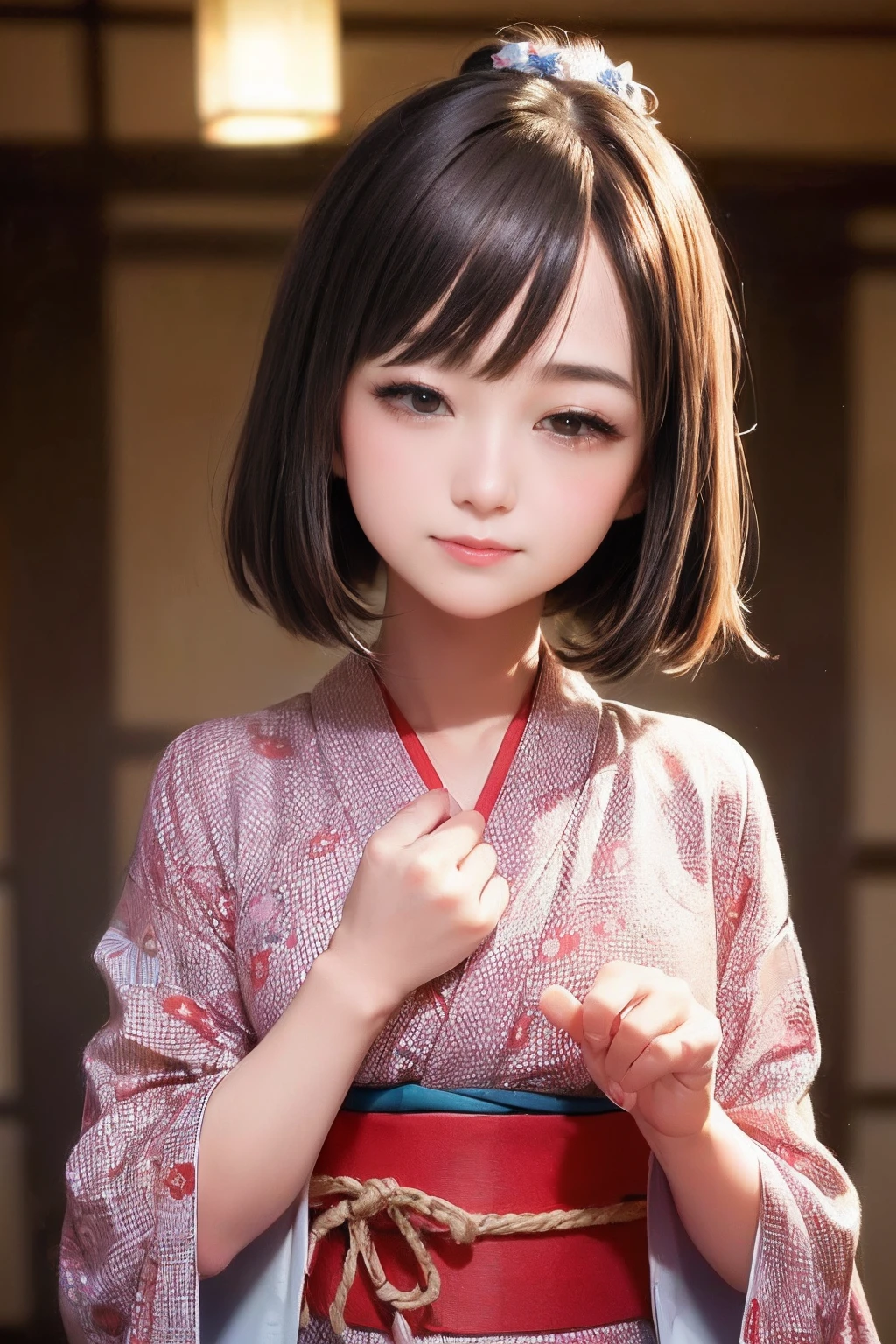 Upper body from the waist up、Are sleeping、nap、(Sleeping with your eyes closed)、(4In K、masterpiece、hight resolution、Realistic and beautiful light and shadow、One girl、Solo Focus、(top-quality)、(Hi-Res)、(extremely delicate and beautiful)、(Beautiful 8k face)、(Brown-eyed)、(I close my eyes while smiling.)、(独奏)、(Clear skin)、(Soft hair)、(hugetits)、(Plaid kimono, Red and blue floral yukata)、((Awa Odori Pose))、((Bokeh lantern light night background))、((speedo))、(reality)、thin and small nose、(red lipsticks)、(Reddening cheeks)、poneyTail、(Lustrous skin)、((Ukiyo-e style))、Ultra-thin eyebrows、Ultra high image quality、(Wearing maiko-style makeup)、skin whitening、long and beautiful lashes、Turning around in the style of a Kyoto magazine model、((s asleep))、Lustrous skin、(Red-dyed cheeks)