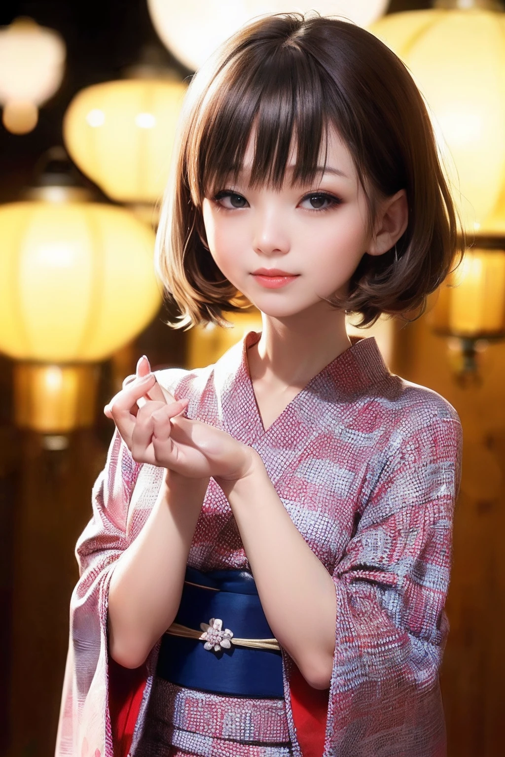Upper body from the waist up、Are sleeping、nap、(Sleeping with your eyes closed)、(4In K、masterpiece、hight resolution、Realistic and beautiful light and shadow、One girl、Solo Focus、(top-quality)、(Hi-Res)、(extremely delicate and beautiful)、(Beautiful 8k face)、(Brown-eyed)、(I close my eyes while smiling.)、(独奏)、(Clear skin)、(Soft hair)、(hugetits)、(Plaid kimono, Red and blue floral yukata)、((Awa Odori Pose))、((Bokeh lantern light night background))、((speedo))、(reality)、thin and small nose、(red lipsticks)、(Reddening cheeks)、poneyTail、(Lustrous skin)、((Ukiyo-e style))、Ultra-thin eyebrows、Ultra high image quality、(Wearing maiko-style makeup)、skin whitening、long and beautiful lashes、Turning around in the style of a Kyoto magazine model、((s asleep))、Lustrous skin、(Red-dyed cheeks)