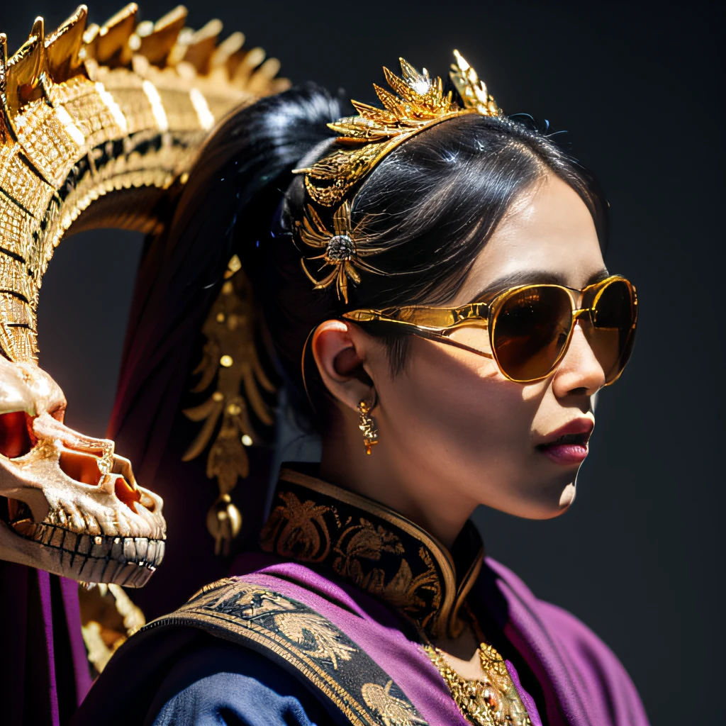 On snowy nights，32K（tmasterpiece，k hd，hyper HD，32K）Purple-pink double ponytail，flower stick，Indigo Skull King ，Mahogany steering wheel （The skeleton is realistic：1.4），Crocodile pattern robe，Rusty skull ornaments，Sargin linen cloak，Petals flutter，Deep gold sunglasses，Hold your head high，Be proud，The nostrils look at people，A primary and secondary school student， A high resolution，Xueba， the detail， RAW photogr， Sharp Re， Nikon D850 Film Stock Photo by Jefferies Lee 4 Kodak Portra 400 Camera F1.6 shots, Rich colors, ultra-realistic vivid textures, Dramatic lighting, Unreal Engine Art Station Trend, cinestir 800，Hold your head high，Lateral face，Be proud，The nostrils look at people，Tsundere，Petals flutter，Petals flutter，Crocodiles sprinkled with gold dust，Fluttering，Impeccable，( reasonable design, Clear lines, High sharpness,Best quality, Very detailed skeleton, The skeleton of a masterpiece, offcial art, movie light effect, 8K crocodile skeleton（（（Platinum marble sunglasses）））Deep gold sunglasses，side portrait