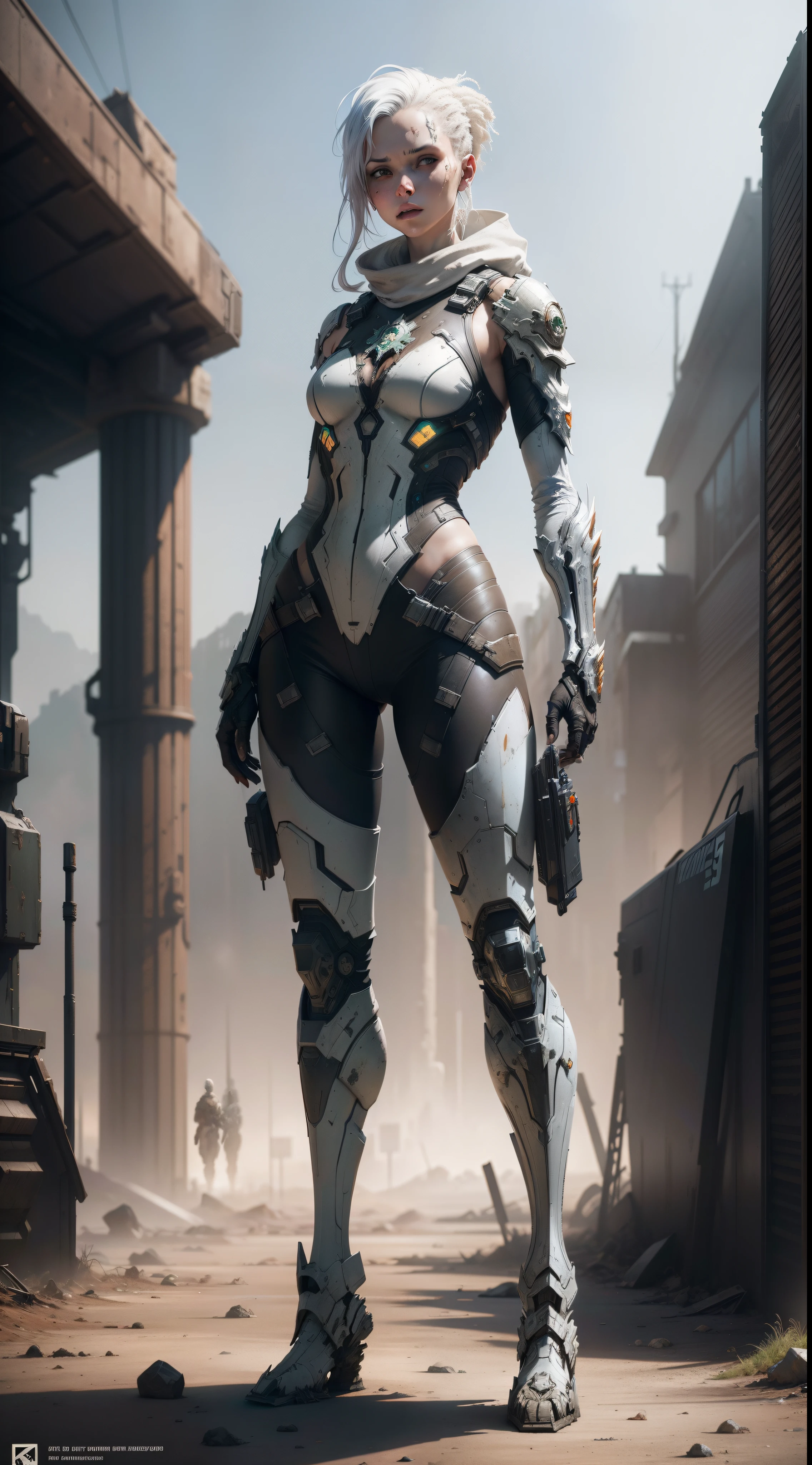 Full body concept characters post-apocalyptic warframe mech Tebash albino women Greg Rutkowski and Norman Rockwell and Alphonse Mucha Octane render masterpieces, trending on artstationh, behans, CGSesociety, Extremely detailed, Amazing, Beautiful, Rainbow colors, High definition, World renowned, PS5