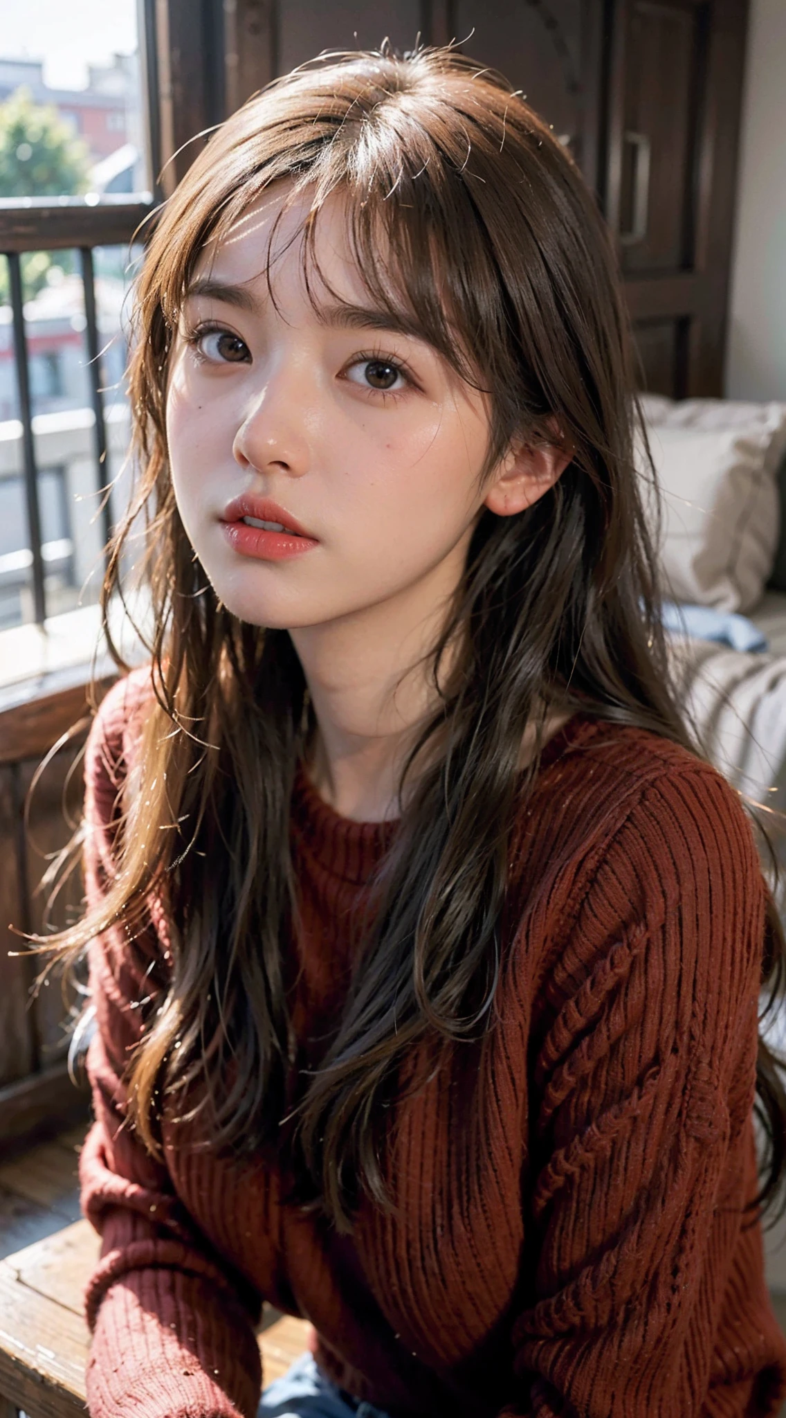 arafed image of a woman with long hair and a red sweater, realistic. cheng yi, soft portrait shot 8 k, realistic portrait photo, beautiful realistic face, realistic young anime girl, photorealistic anime, kawaii realistic portrait, high quality portrait, photorealistic beautiful face, stunning anime face portrait, 8k portrait render, realistic beautiful face, realistic person
