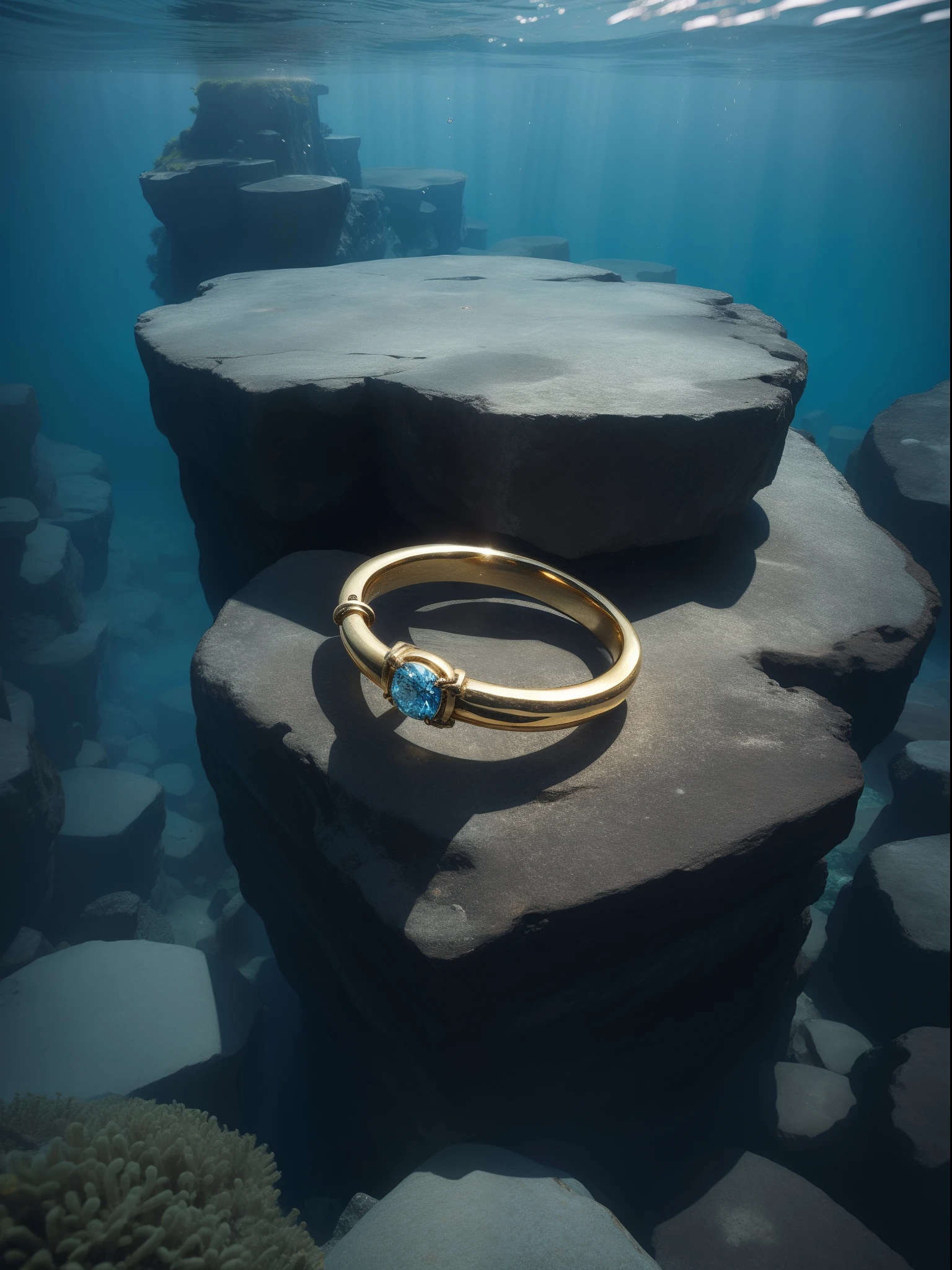 Rings sinking to the bottom of the ocean、Legendary rings made in ancient times、No one found、Standing quietly、The ring is golden