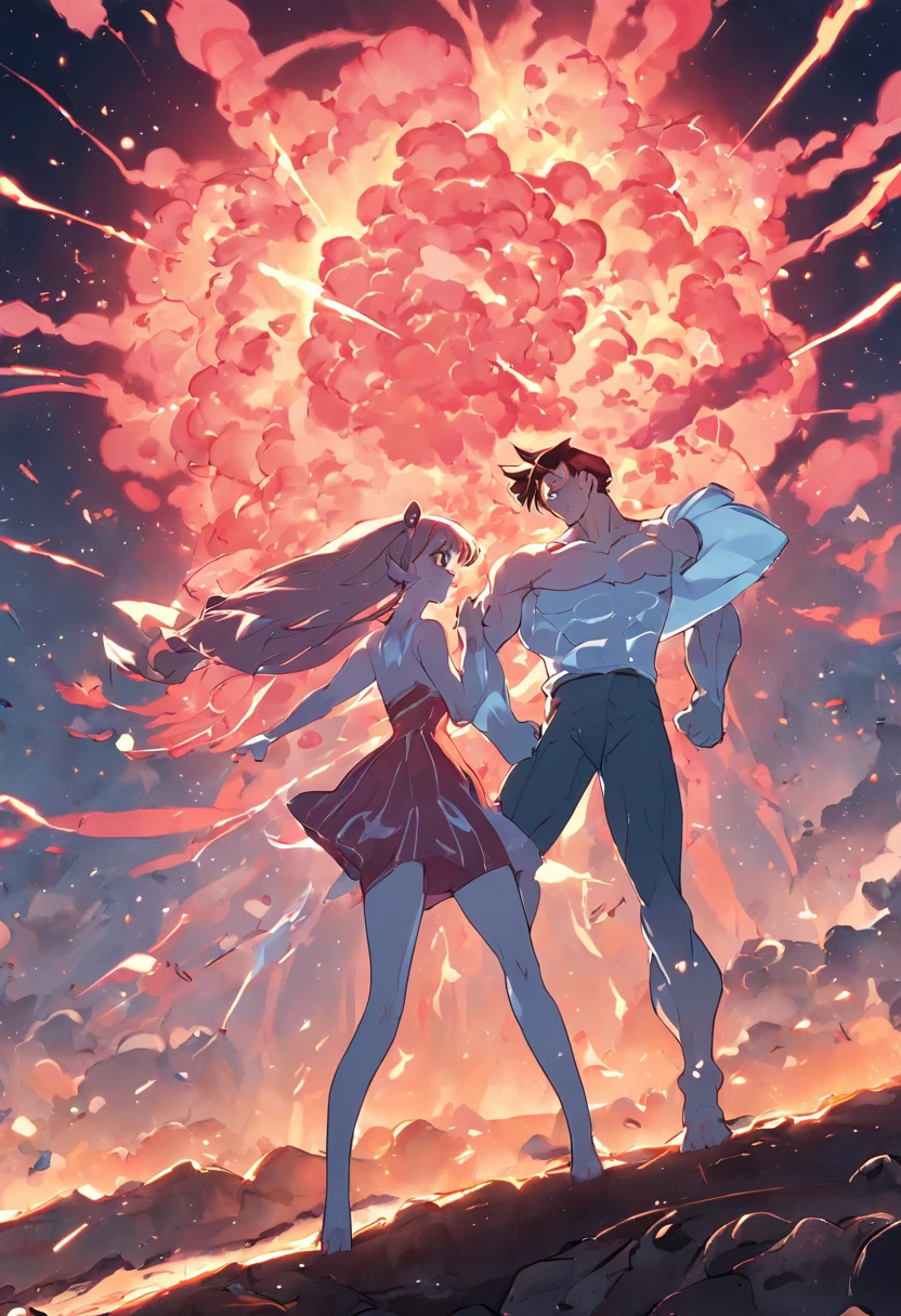 Invincible fighting atomic Eve in cartoon style.