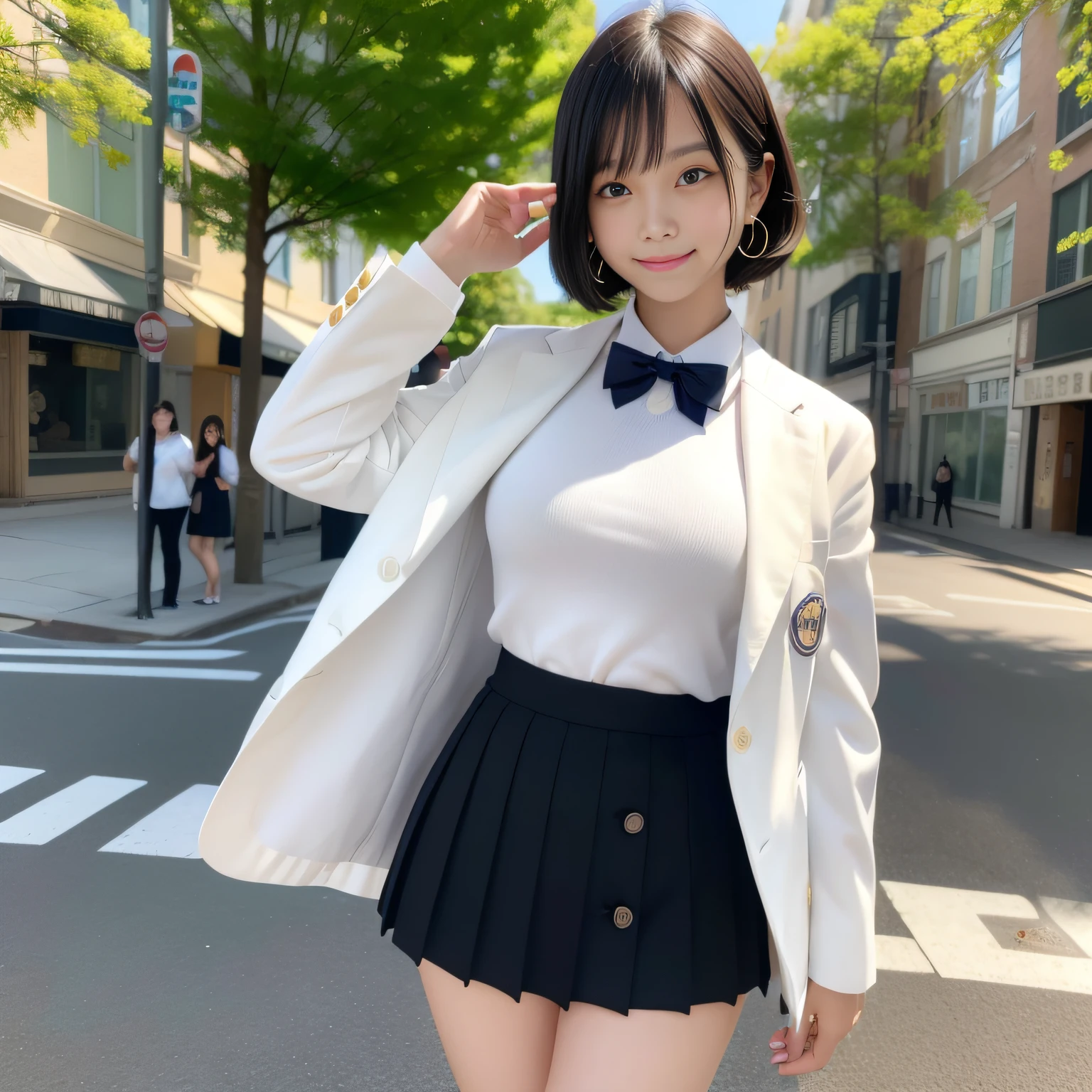 black hair, 16 years old, slender and busty body, bob cut, aqua eyes, Hinano Himeno, black hair, blush stickers, grin, smile with teeth, date appointment, whole body, younger sister girl, round face, slightly puffed cheeks, eyebrows downward, light blush, Double eyelids, Look at viewers, affectionate cute, cute girl, surreal high school girl, Look at viewers, A bow tie, hair fluttering, lively eyes, the skirt sways in the wind, navy blue jacket, ((no skin exposed on the upper body)), (neat clothes with all buttons fastened), one little star earring, crowd, busy street, The wind is blowing, hair swaying in the wind, white socks, white culottes skirt , loose black summer knit , Surrealism, depth of field, Nikon, 8k, super detail, masterpiece, high details, 8k, anatomically correct, award winning