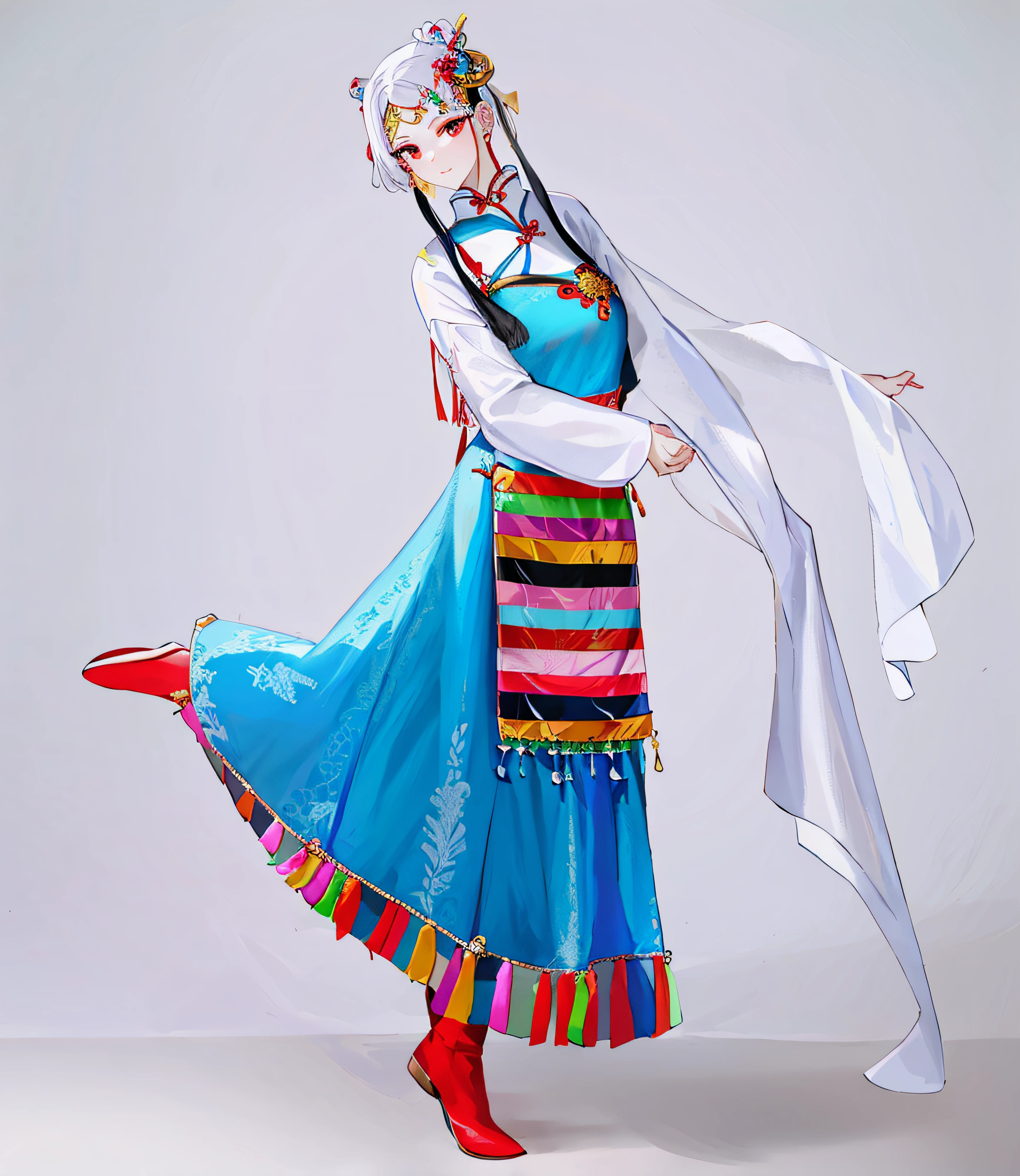 Wearing a colorful dress and red shoes, Aalfi is posing, traditionalcostumes, traditionalcostumes, traditional garb, Traditional clothing, chinese ribbon dance, tai costume, authentic costume, traditional tai costume, high quality theatre costume, Traditional Chinese clothing, Chinese costume, nezha, Costume with blue accents, traditional, Chinese dress, beautiful costume, High quality clothing