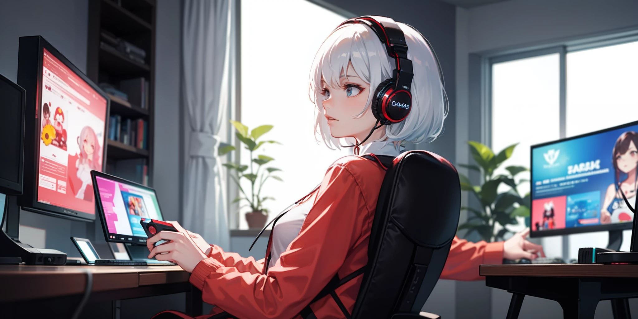 Short white hair,Red headphones,Game girl,Cyber,playing game