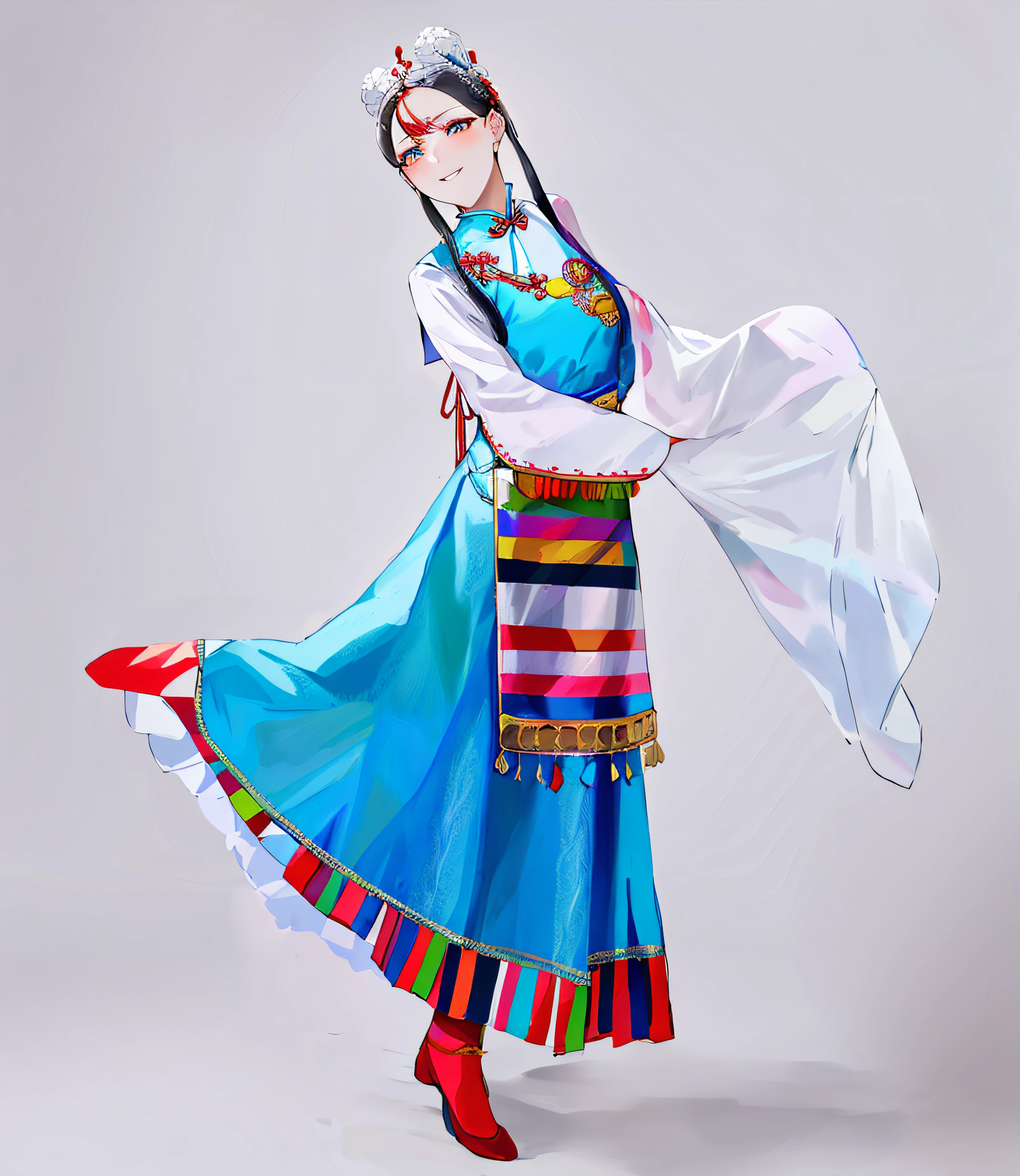 Wearing a colorful dress and red shoes, Aalfi is posing, traditionalcostumes, traditionalcostumes, traditional garb, Traditional clothing, chinese ribbon dance, tai costume, authentic costume, traditional tai costume, high quality theatre costume, Traditional Chinese clothing, Chinese costume, nezha, Costume with blue accents, traditional, Chinese dress, beautiful costume, High quality clothing