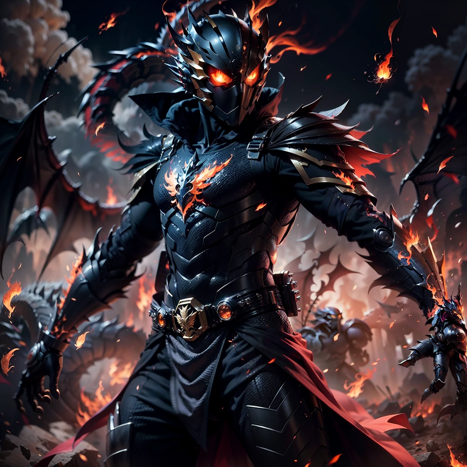 (tmasterpiece),(best qualtiy),(Detail 1.4),(HD8K),(The best wallpapers),(Kamen Rider),(Dragon Knight),(Martial artist wearing a black mask),(Normal human anatomy),(Normal human proportions),(Mechanized armor),(The cuirass has a phoenix pattern),(Flame cloak),((Surrounded by flames)),(Full of domineering fighting stance),(Showcase particle effects),((Single full body photo)),(Beautiful wallpapers),