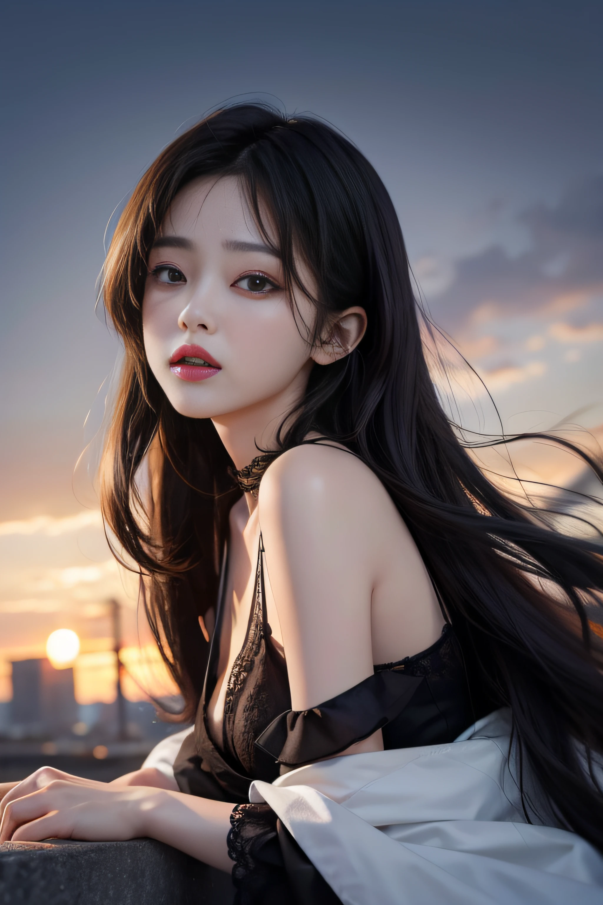 8K, ultra hd, HD Color, masterpiece, 1 girl, shining eyes, lip details, ultra long hair, (Steal the black dress:1.5), (jewelry:1.5), Very artistic cloudy sky background, dark shadow,