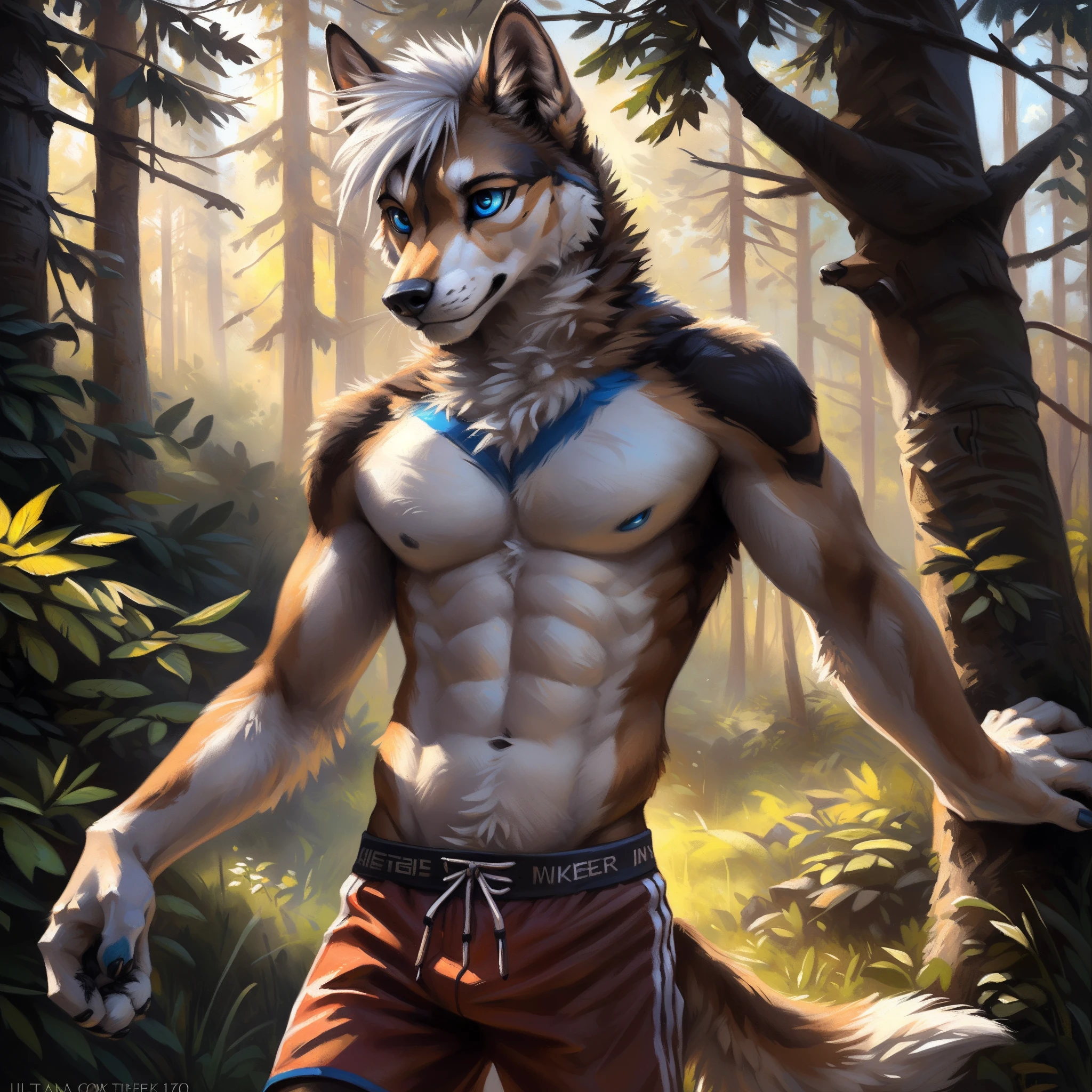 ((Solo)), male people, anthro wolf, (Multi-colored fur, Black White Taupe:1.3), ((Dog face, White hair, Big eyes, White eyelids, Blue pupil, Slim:1.2) (Tough, Calm expression:1.2)), ((sport:1.1)), Abs, Slim, pinging)), (Correct anatomy), (Work shorts:1.1), (Contoured bones:1.2), naked torso, (detailed outfits), (Realistic fur, Detailed fur texture, labeled:1.3)), (Natural lighting), Photorealistic, Hyperrealistic, ultradetailed, by Kenket，ln the forest