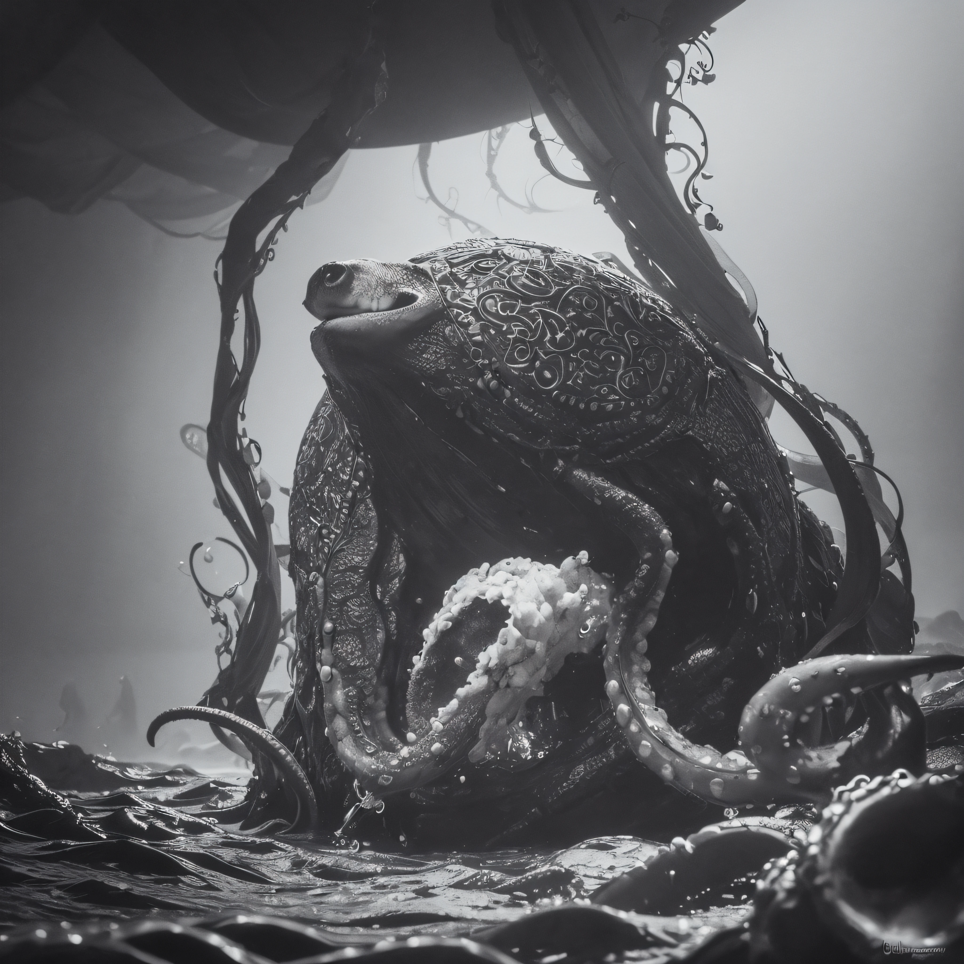 (extremadamente detallado, obra maestra, La mejor calidad, Under the Ocean), Estilo oscuro, volumetric illumination. armadura medieval, rostro con arrugas, lengua larga, tentacle, deforme, imagen submarina vista desde el exterior, pico de pulpo amenazante. manchas de tinta. Rococo composition. Luz de caravaggio