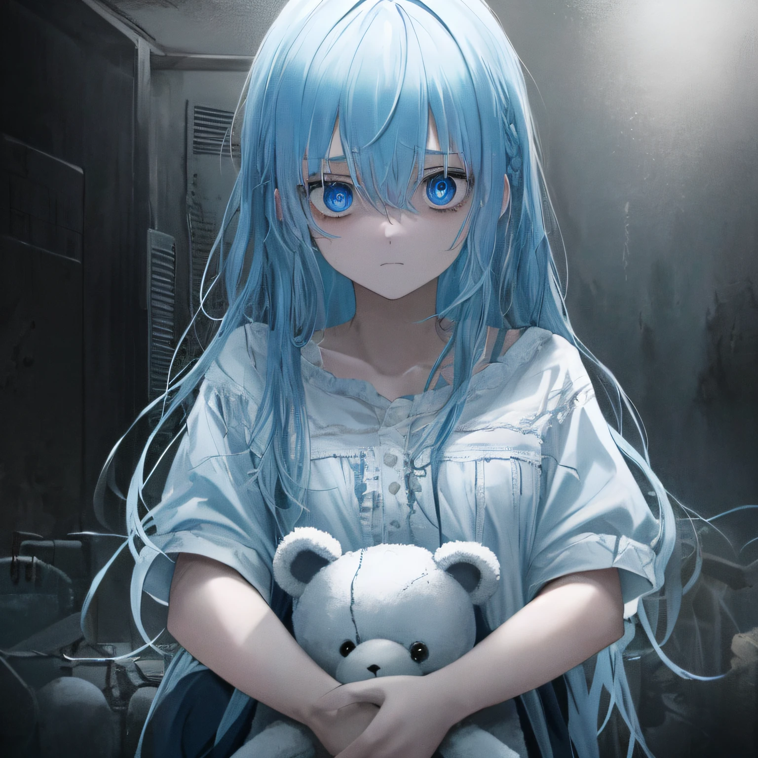 1girll, Light blue hair, Blue eyes, (cowboy_Shot:1.2), Face focus, Long hair, side locks, Scared,(terrified:1.1) , holding teddy bear, Atmospheric lighting, Moody, Darkness, At the bottom of the sea,Dusty, Post-apocalypse, masterful, Beautiful 8k wallpaper, Extremely detailed, iintricate。