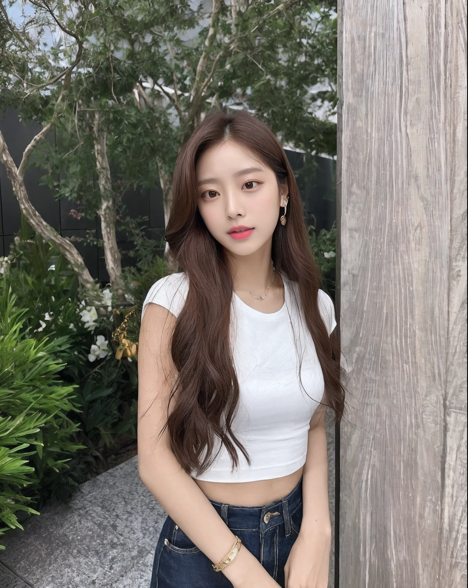 Alafed woman standing next to a wooden stick in white shirt, With long hair, tzuyu from twice, Asian girl with long hair, Gorgeous young Korean woman, blackpink jennie, white hime cut hairstyle, a young asian woman, Beautiful young Korean woman, jisoo from blackpink, Brown hair, Instagrammer Reika, Miss Lounge
