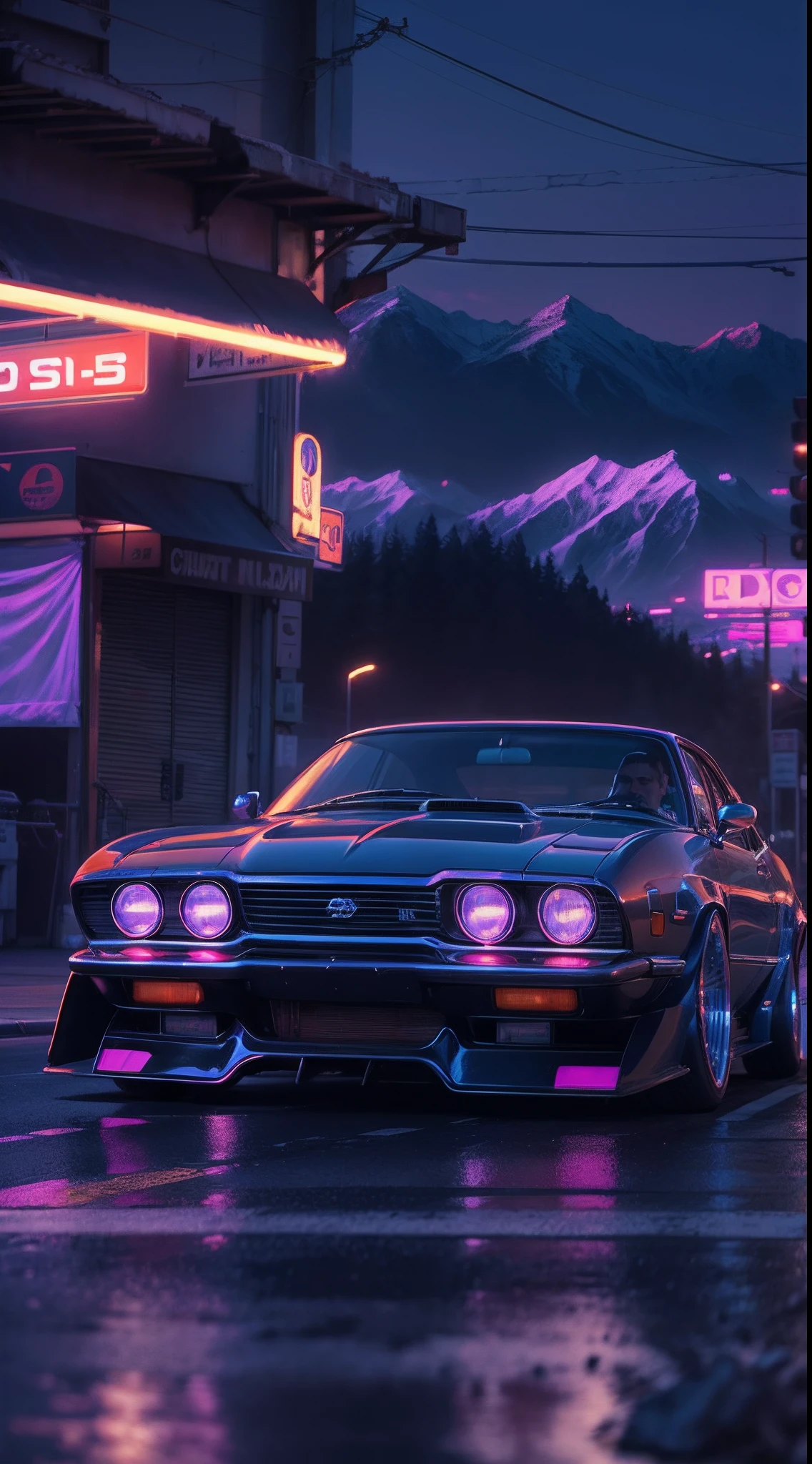 retrowave. city, 1969 Nissan S30, wide body kit, road, purple neon lights, sun, mountain, (masterpiece, detailed, highres),