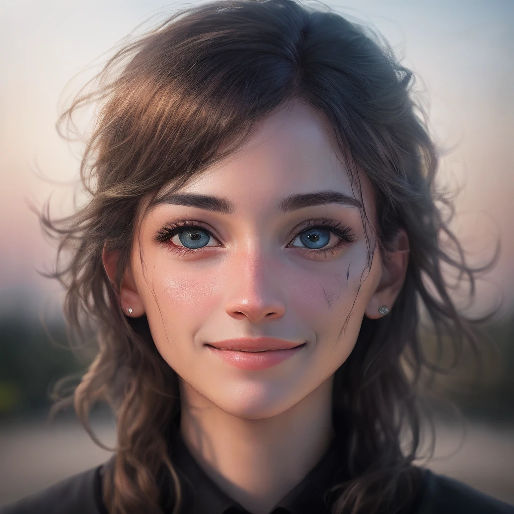 (realistic, photo-realistic:1.37),(8k, RAW photo, best quality, masterpiece:1.2), cute, ultra-detailed,heart-shaped pupils,physically-based rendering, ultra high res, kodakvision color, shot on Arricam LT Camera, bokeh, sharp focus,
looking at viewer,photorealistic,realistic, solo, photorealistic, best quality,extremely detailed face,extremely detailed eyes and face, beautiful detailed eyes,absurdres, incredibly absurdres,haunting smile,Messy hair, floating hair, ,