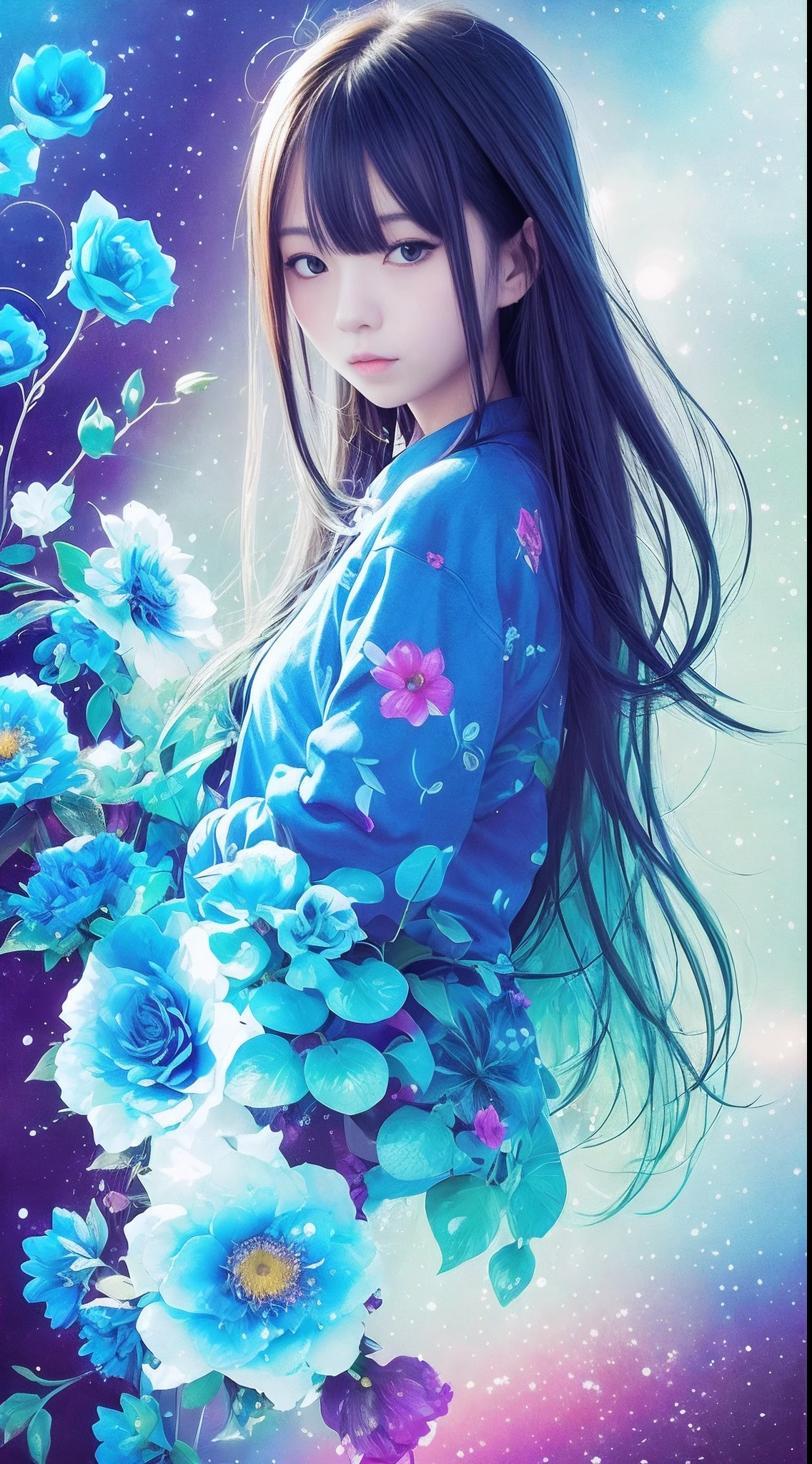 intense、Blue Higan Flower、Generate text describing Arianna's paintings。Her work is full of passionate colors and unique shapes.、Grab the viewer's heart and keep them going.。Her work is like emotions and thoughts projected on a canvas.、Deeply impresses the viewer。In particular, please write in the image of her masterpiece.。