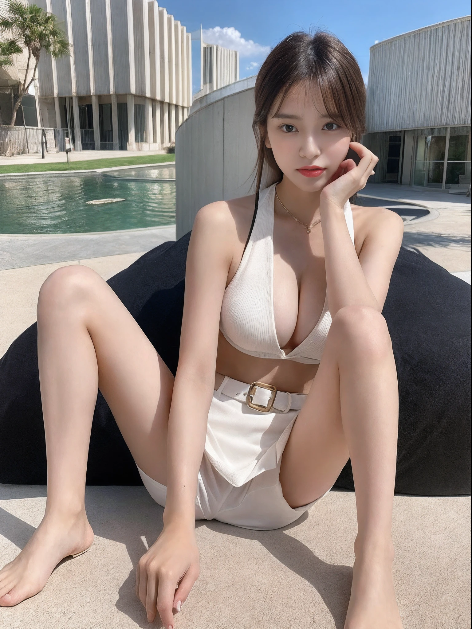 1girl in, NSFW, Spread legs, (Best Quality, High resolution, masutepiece :1.3), A tall and pretty woman, Slender Abs, Upper body naked, (((lare breasts))), (((bared  chest))), sexy  pose, Red mini skirt, I can see my panties through my skirt, Dark brown hair styled in loose waves, Large breasts,  Standing, cleavage of the breast, wearing pendant, white t-shirts, Belt bag, (Modern architecture in background), Details exquisitely rendered in the face and skin texture, Beautiful Korean Woman, Detailed eyes, 二重まぶた