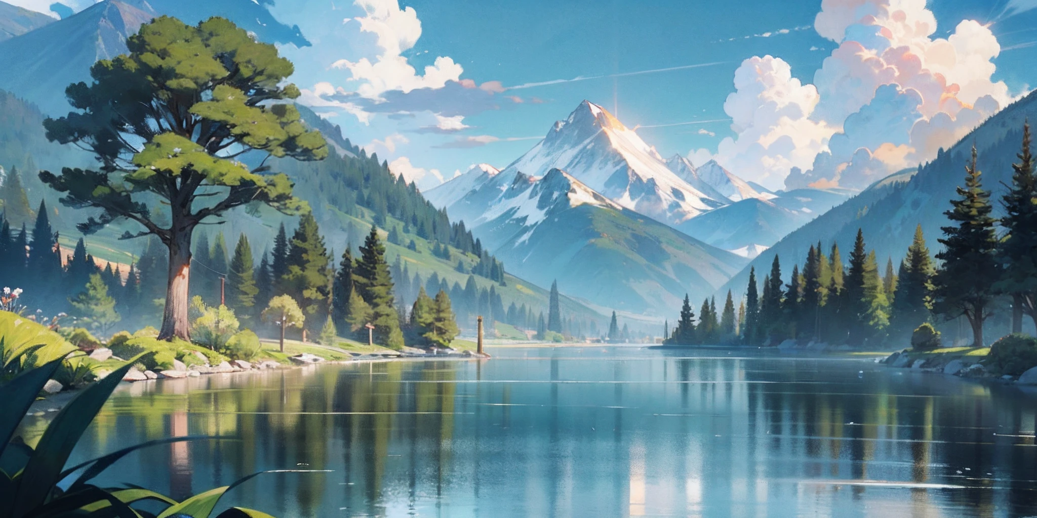 Painting of a mountain lake with a few trees and a mountain in the ...